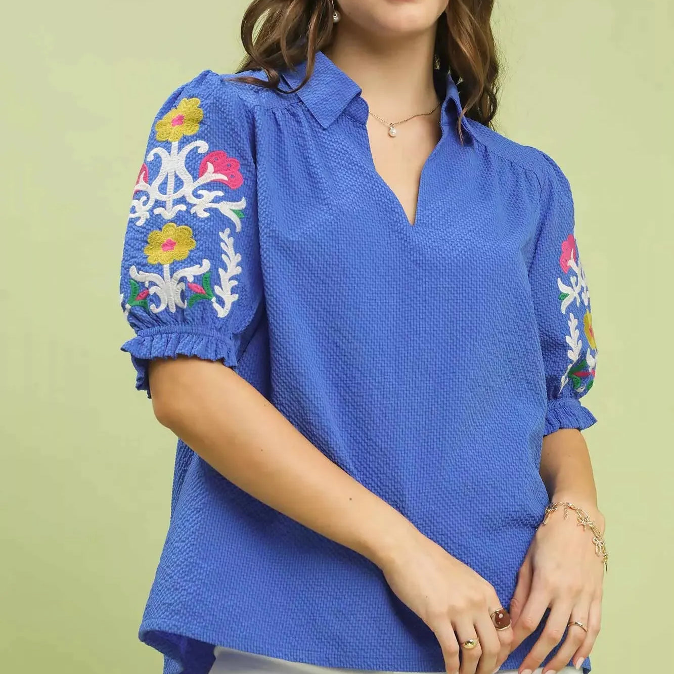 Umgee Ocean Breeze Seersucker Embroidered Sleeve Blouse-Women's Shirts & Tops-Shop Z & Joxa