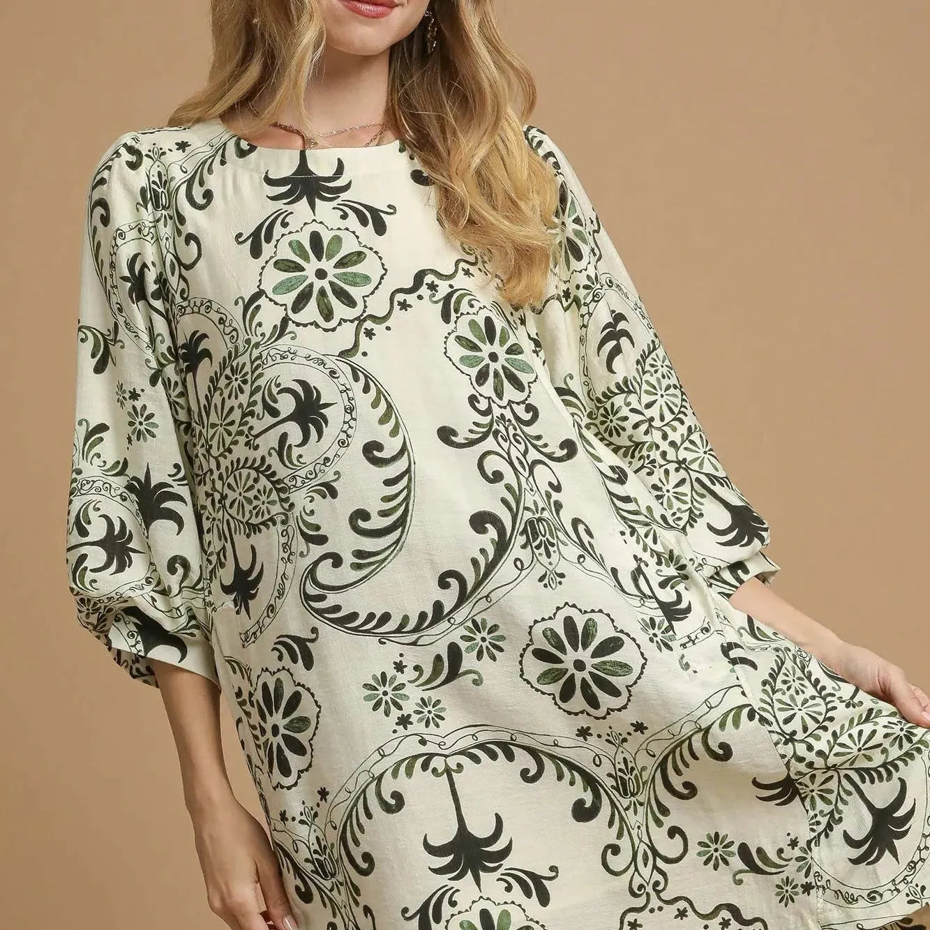 Umgee Olive Echo Boho Paisley Balloon Sleeve Mini Dress-Women's Dresses-Shop Z & Joxa