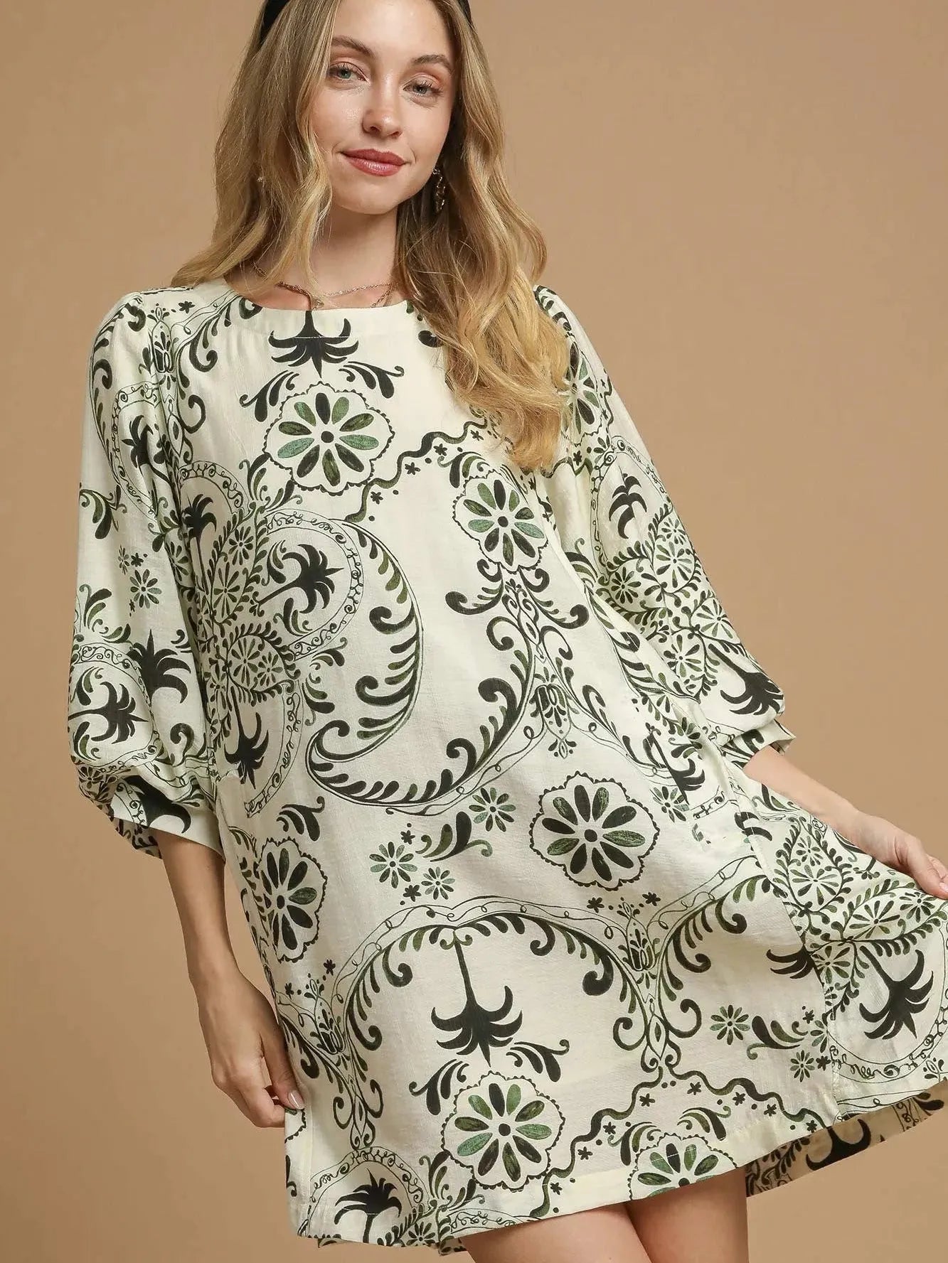 Umgee Olive Echo Boho Paisley Balloon Sleeve Mini Dress-Women's Dresses-Shop Z & Joxa