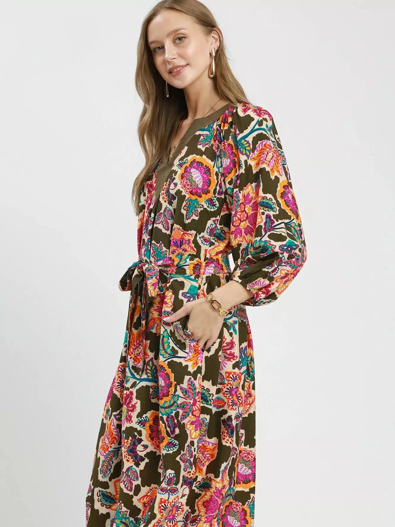 Umgee Olive Muse Abstract Print Embroidered Belted Midi Dress-Women's Dresses-Shop Z & Joxa