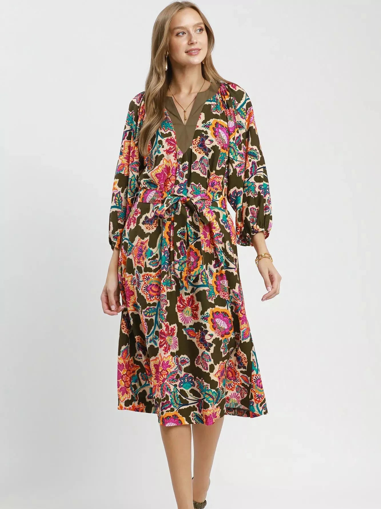 Umgee Olive Muse Abstract Print Embroidered Belted Midi Dress-Women's Dresses-Shop Z & Joxa