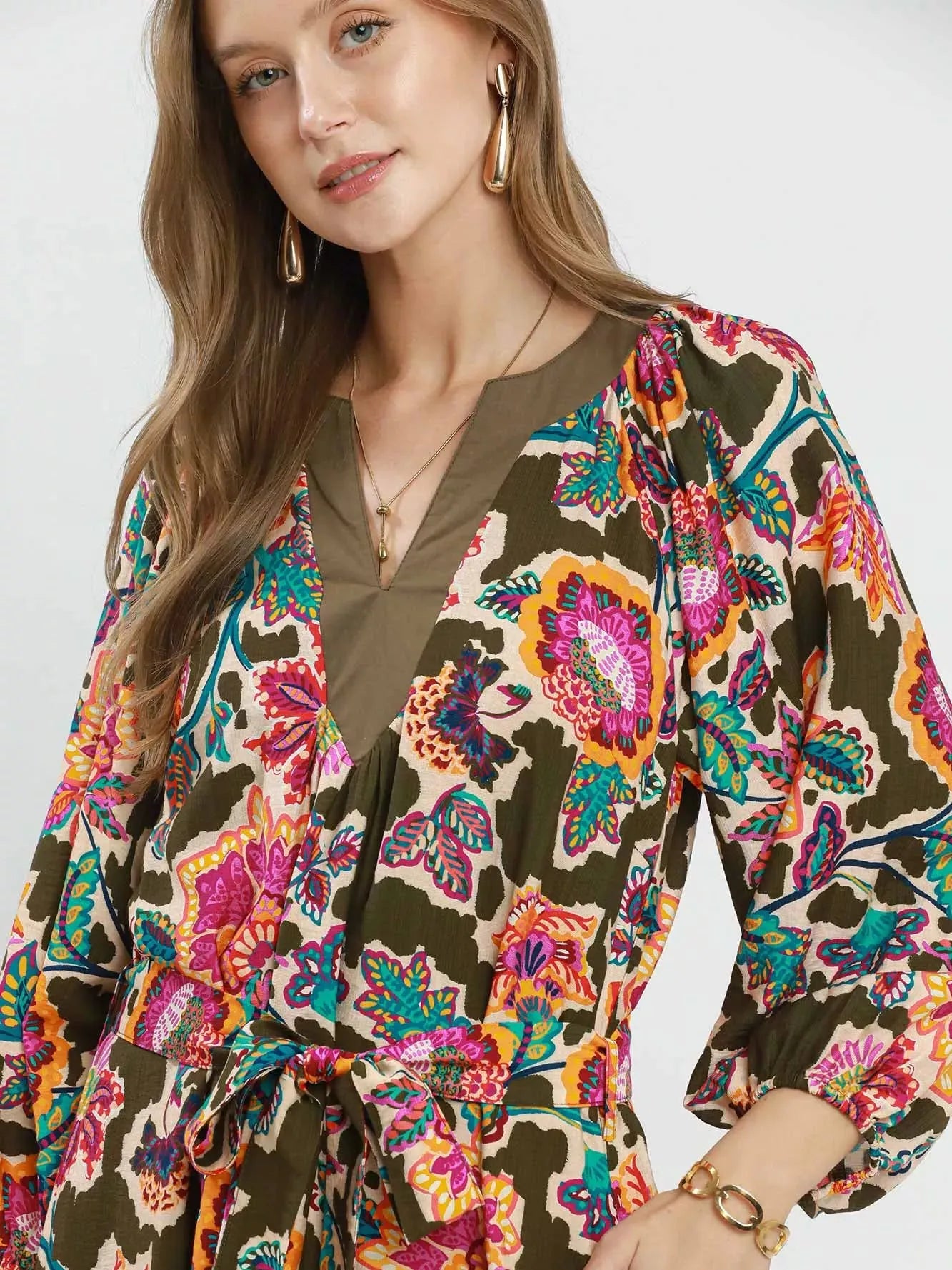 Umgee Olive Muse Abstract Print Embroidered Belted Midi Dress-Women's Dresses-Shop Z & Joxa