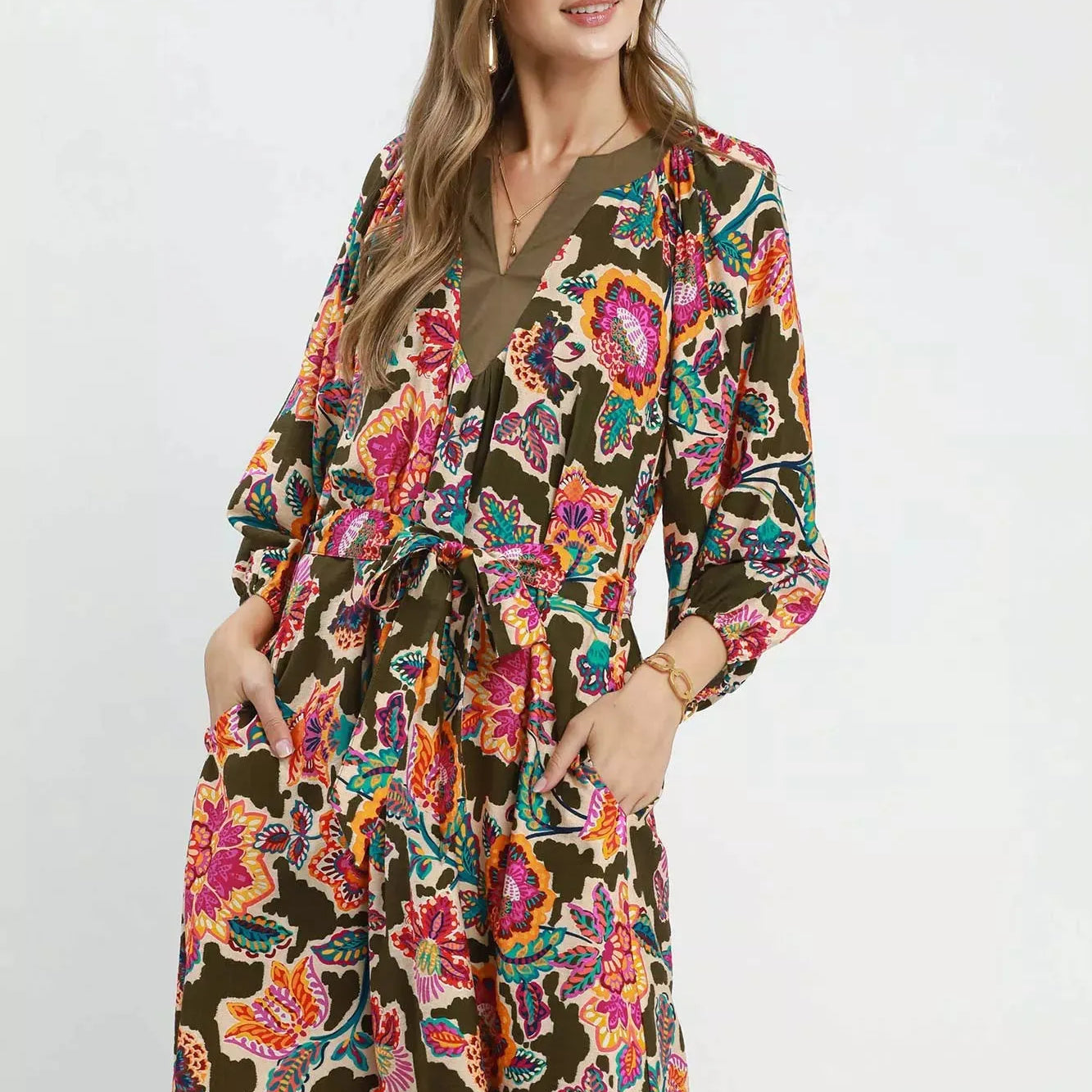 Umgee Olive Muse Abstract Print Embroidered Belted Midi Dress-Women's Dresses-Shop Z & Joxa