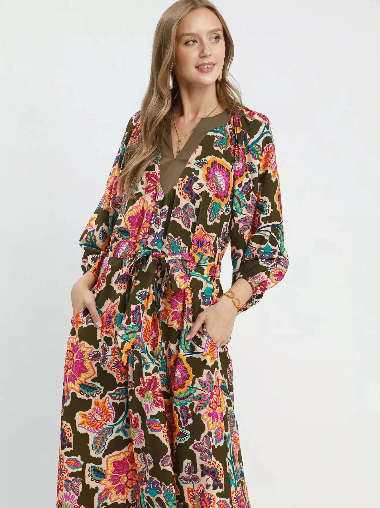 Umgee Olive Muse Abstract Print Embroidered Belted Midi Dress-Women's Dresses-Shop Z & Joxa