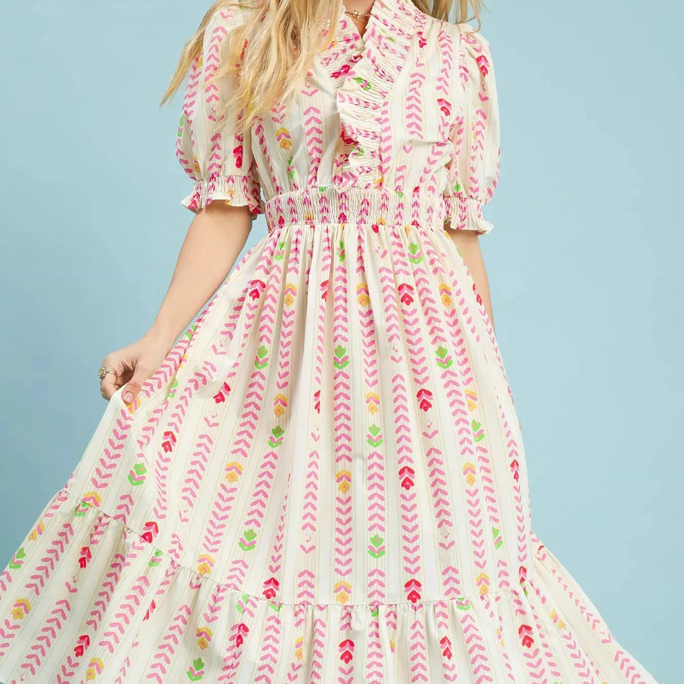 Umgee Painted Garden Ruffle Smocked Midi Dress-Women's Dresses-Shop Z & Joxa