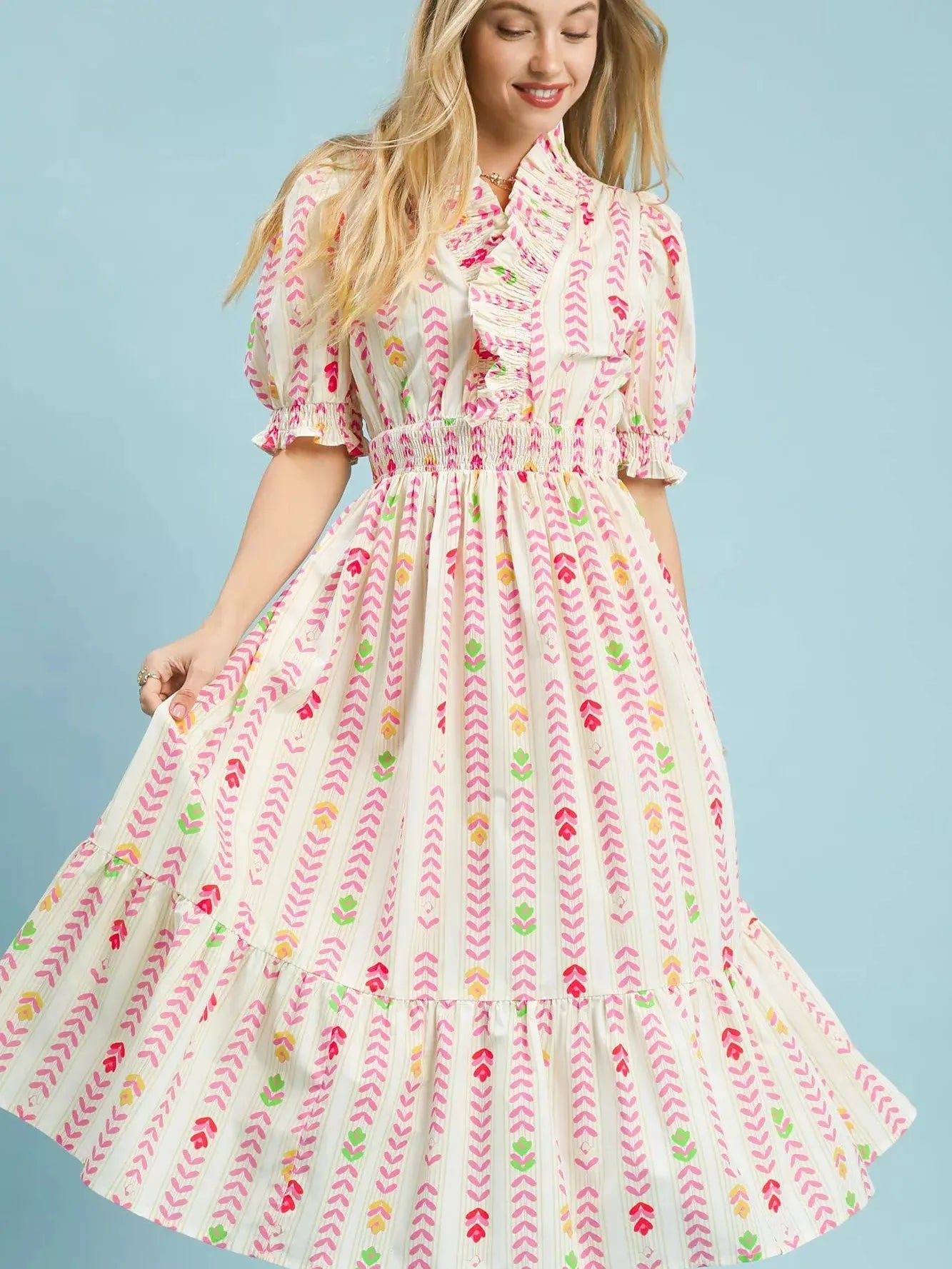 Umgee Painted Garden Ruffle Smocked Midi Dress-Women's Dresses-Shop Z & Joxa