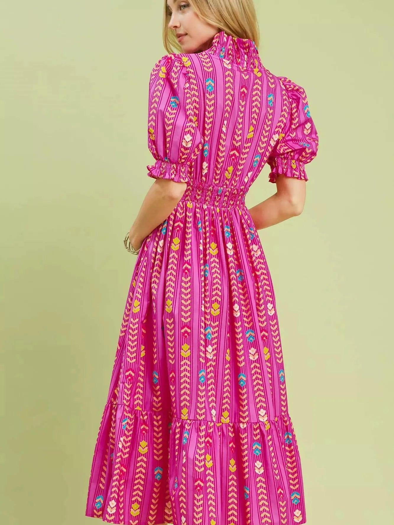 Umgee Painted Garden Ruffle Smocked Midi Dress in Peony-Women's Dresses-Shop Z & Joxa