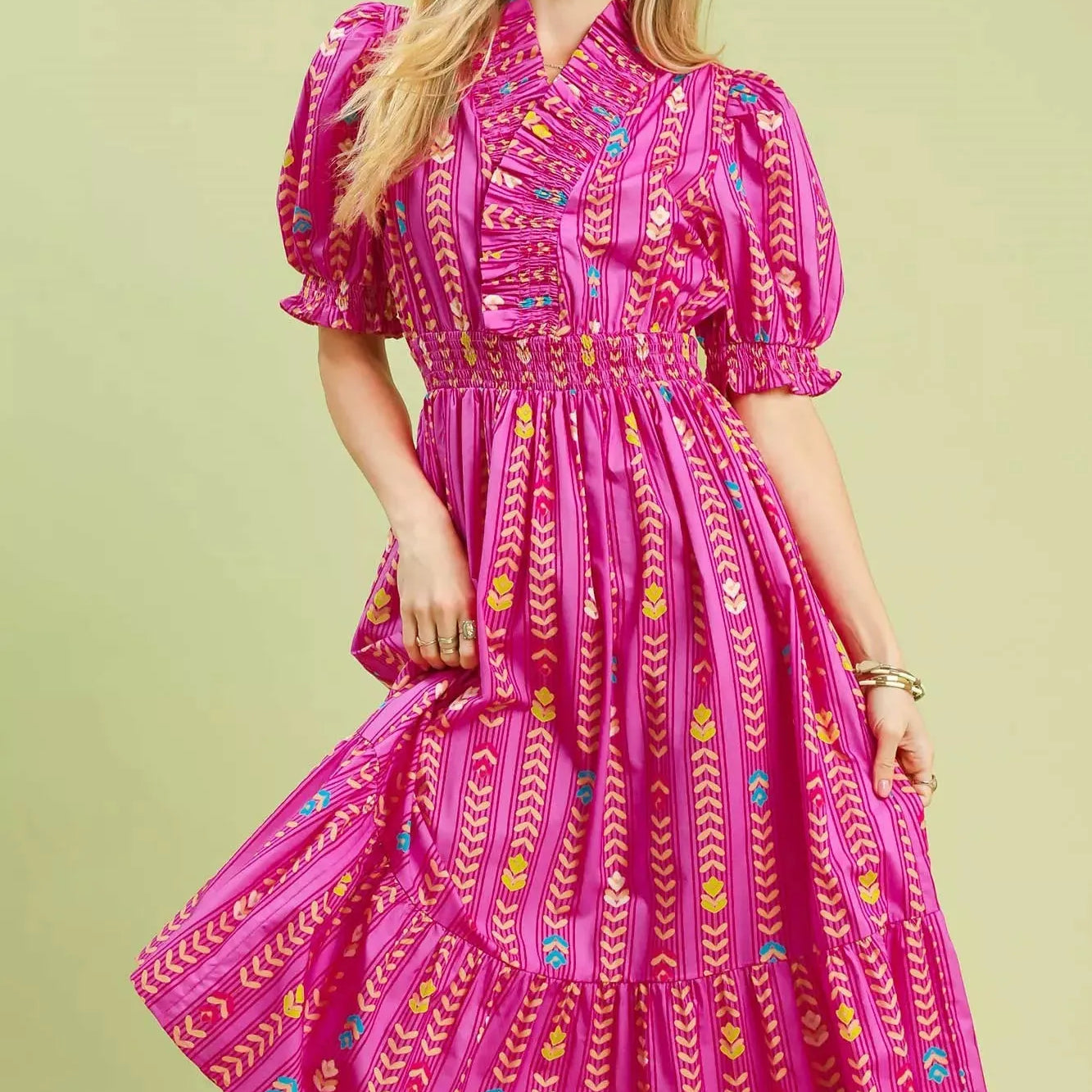 Umgee Painted Garden Ruffle Smocked Midi Dress in Peony-Women's Dresses-Shop Z & Joxa