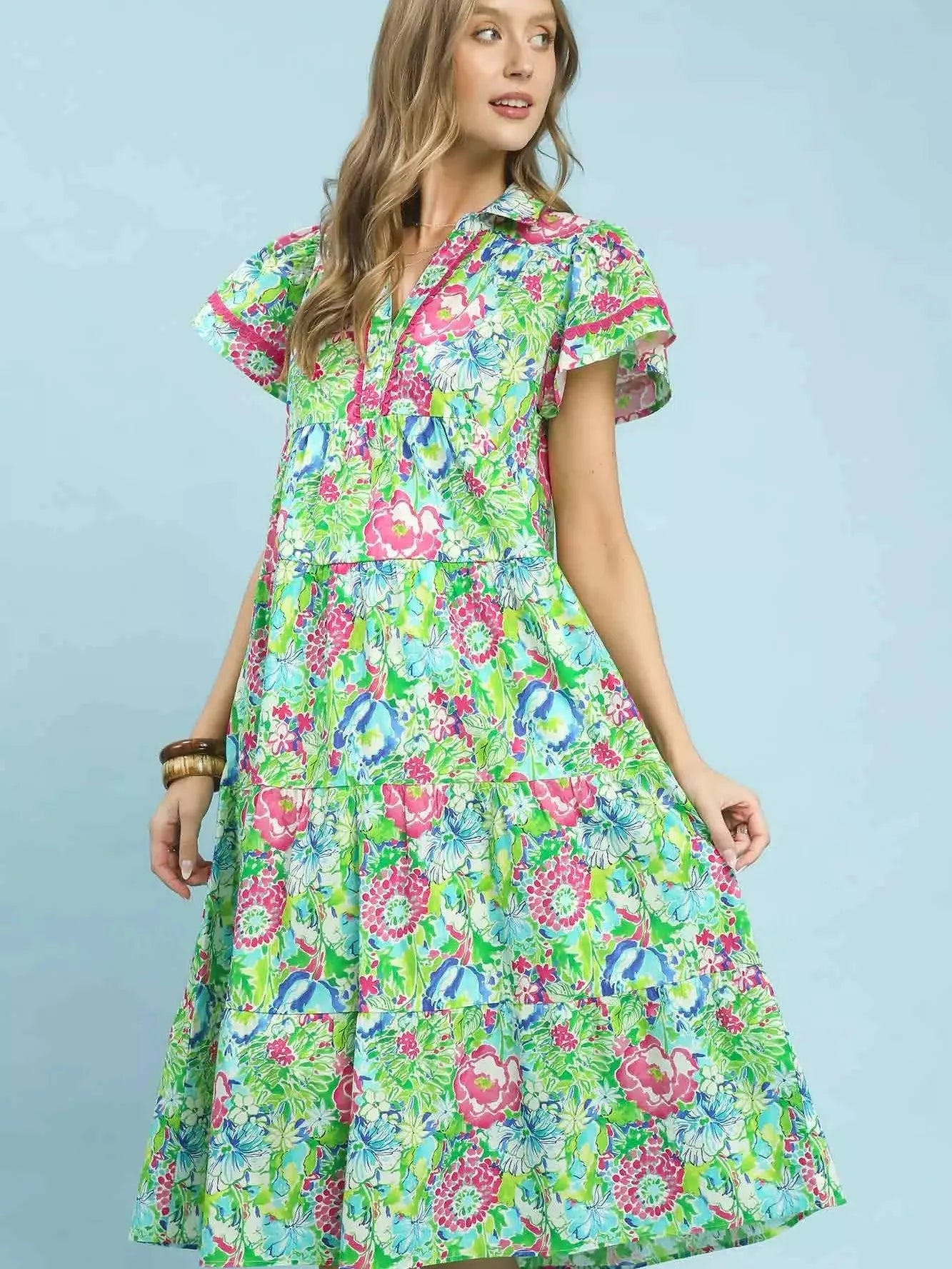 Umgee Painted Meadow Floral Tiered Midi Dress-Women's Dresses-Shop Z & Joxa