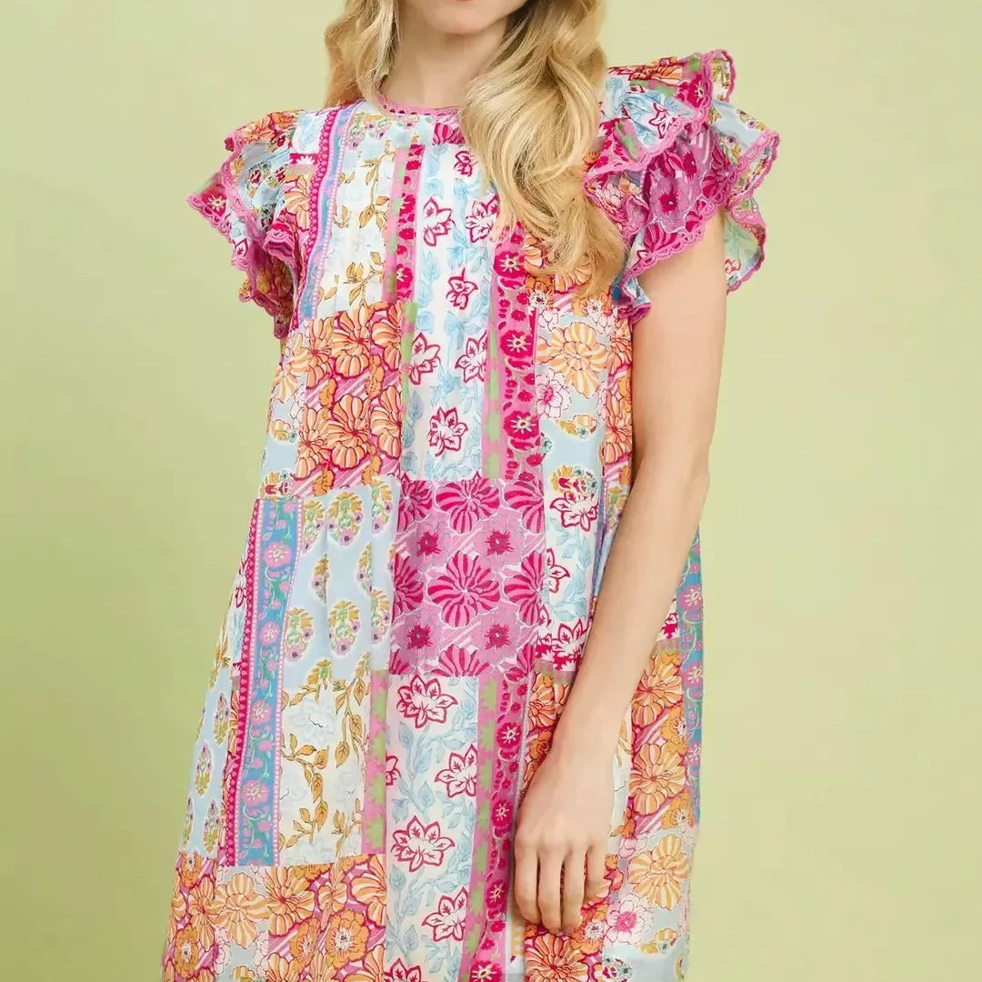 Umgee Patch Me Pretty Pink Patchwork Flutter Sleeve Mini Dress-Women's Dresses-Shop Z & Joxa