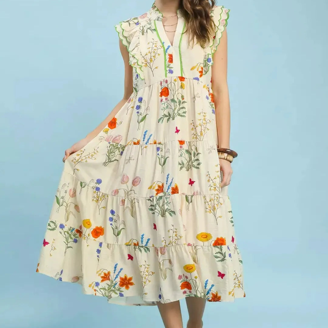 Umgee Petal Poetry Floral Scalloped Ruffles Tiered Midi Dress-Women's Dresses-Shop Z & Joxa