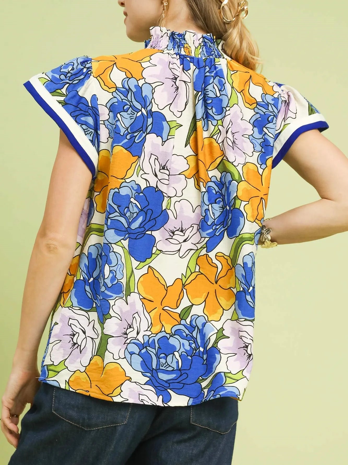 Umgee Petal Pop Floral Print Blouse with Contrast Trim in Blue-Women's Shirts & Tops-Shop Z & Joxa
