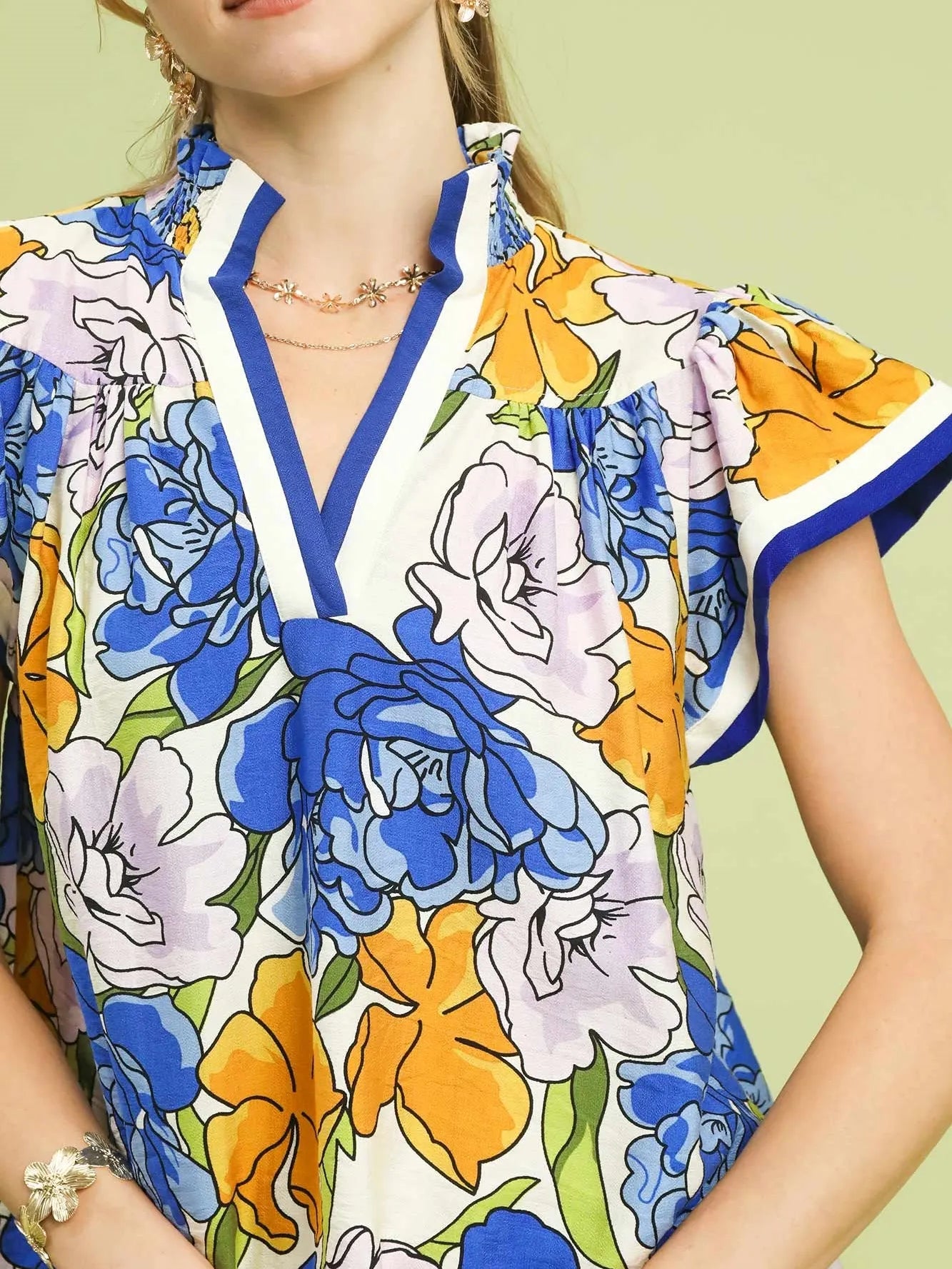 Umgee Petal Pop Floral Print Blouse with Contrast Trim in Blue-Women's Shirts & Tops-Shop Z & Joxa