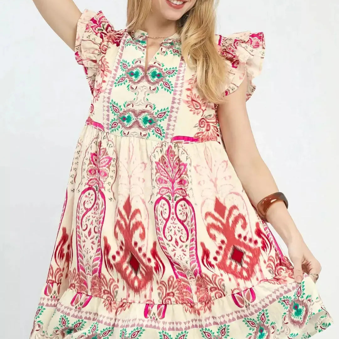 Umgee Pink Paradise Ruffle Sleeve Boho Babydoll Dress-Women's Dresses-Shop Z & Joxa