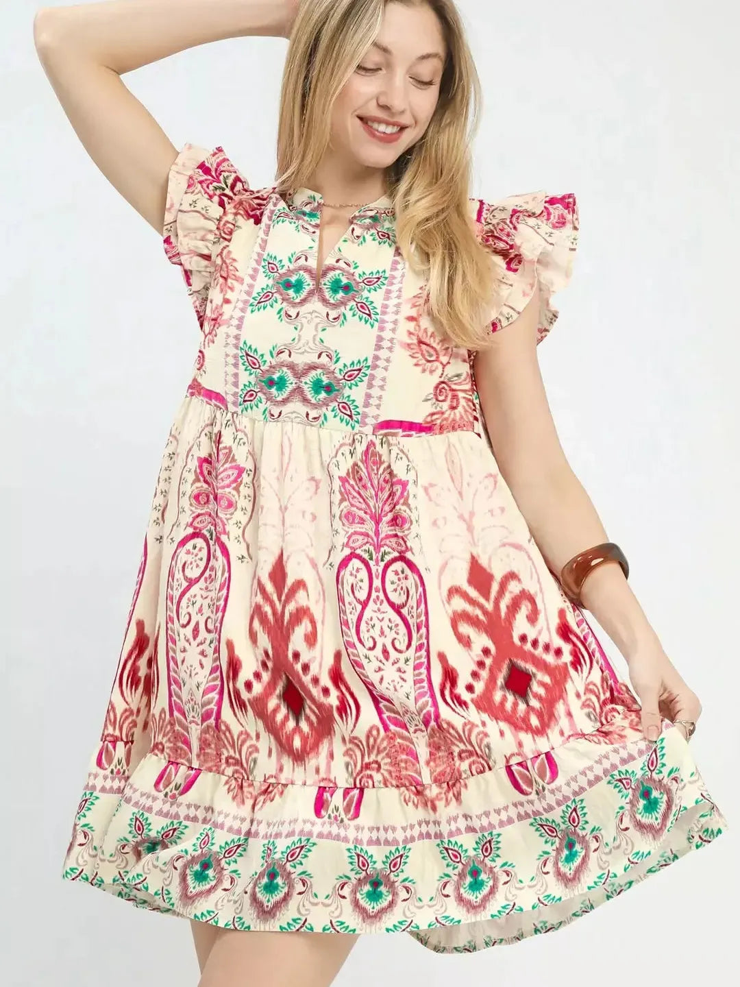 Umgee Pink Paradise Ruffle Sleeve Boho Babydoll Dress-Women's Dresses-Shop Z & Joxa