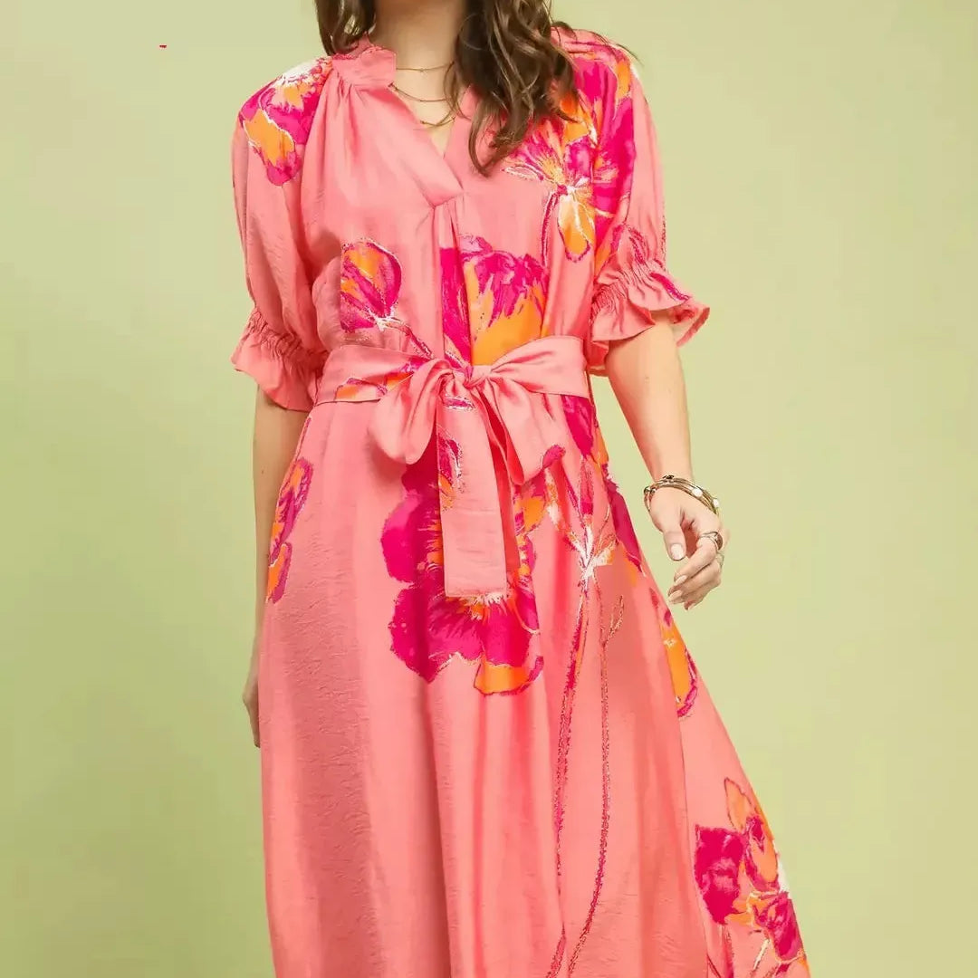 Umgee Pink Prairie Floral Flounce Sleeve Belted Midi Dress-Women's Dresses-Shop Z & Joxa