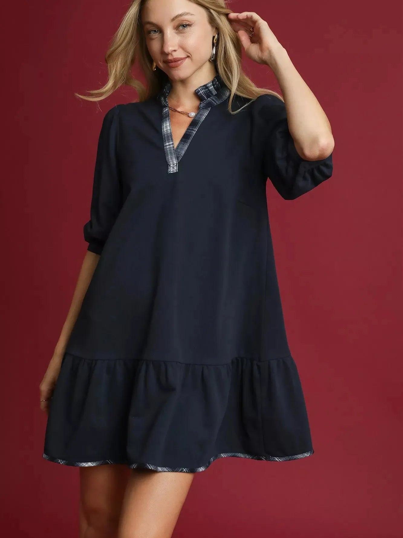 Umgee Plaid Romance Ruffle Hem Dress with Plaid Trim-Women's Dresses-Shop Z & Joxa