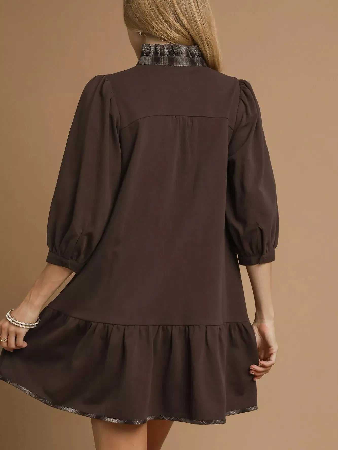 Umgee Plaid Whimsy French Terry Plaid Trim Ruffle Hem Dress-Women's Dresses-Shop Z & Joxa