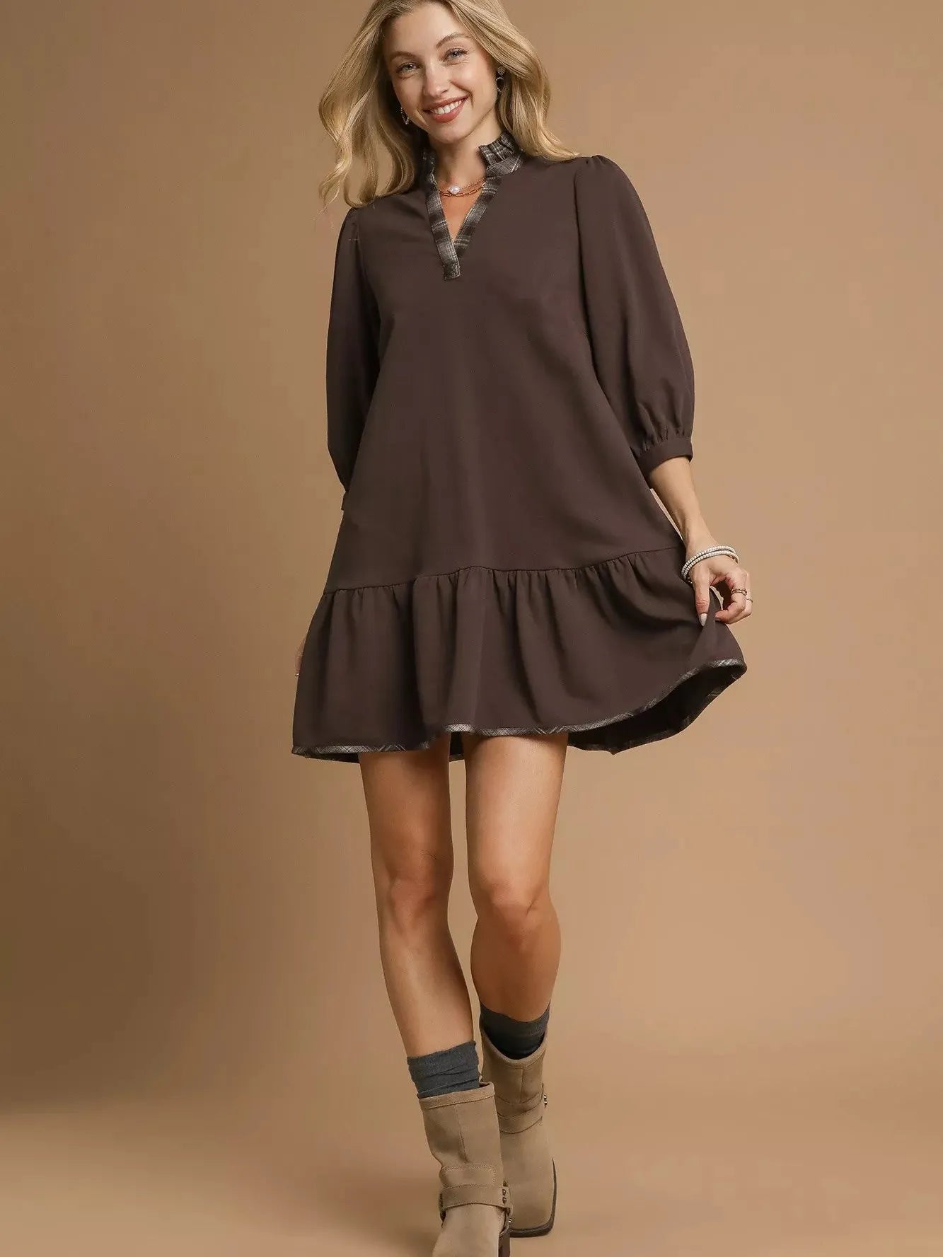 Umgee Plaid Whimsy French Terry Plaid Trim Ruffle Hem Dress-Women's Dresses-Shop Z & Joxa