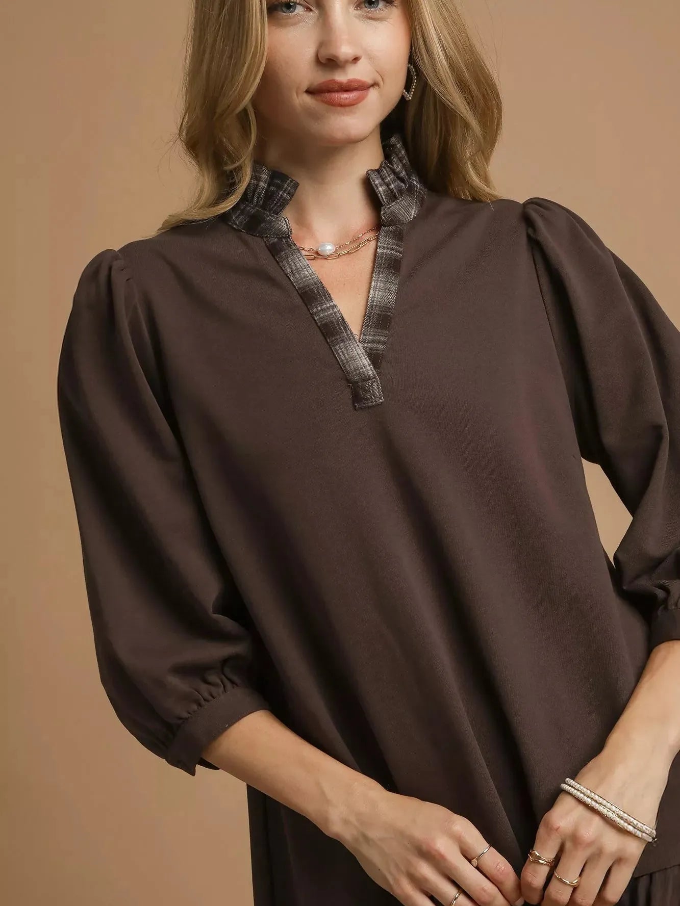 Umgee Plaid Whimsy French Terry Plaid Trim Ruffle Hem Dress-Women's Dresses-Shop Z & Joxa