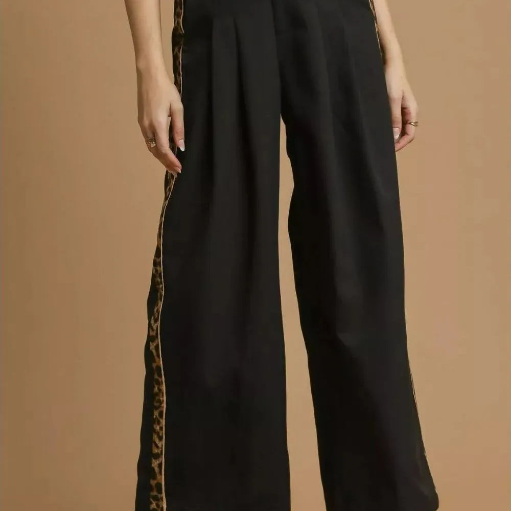 Umgee Pleat Me Pretty Wide-Leg Contrast Trim Pants in Black-Women's Pants-Shop Z & Joxa