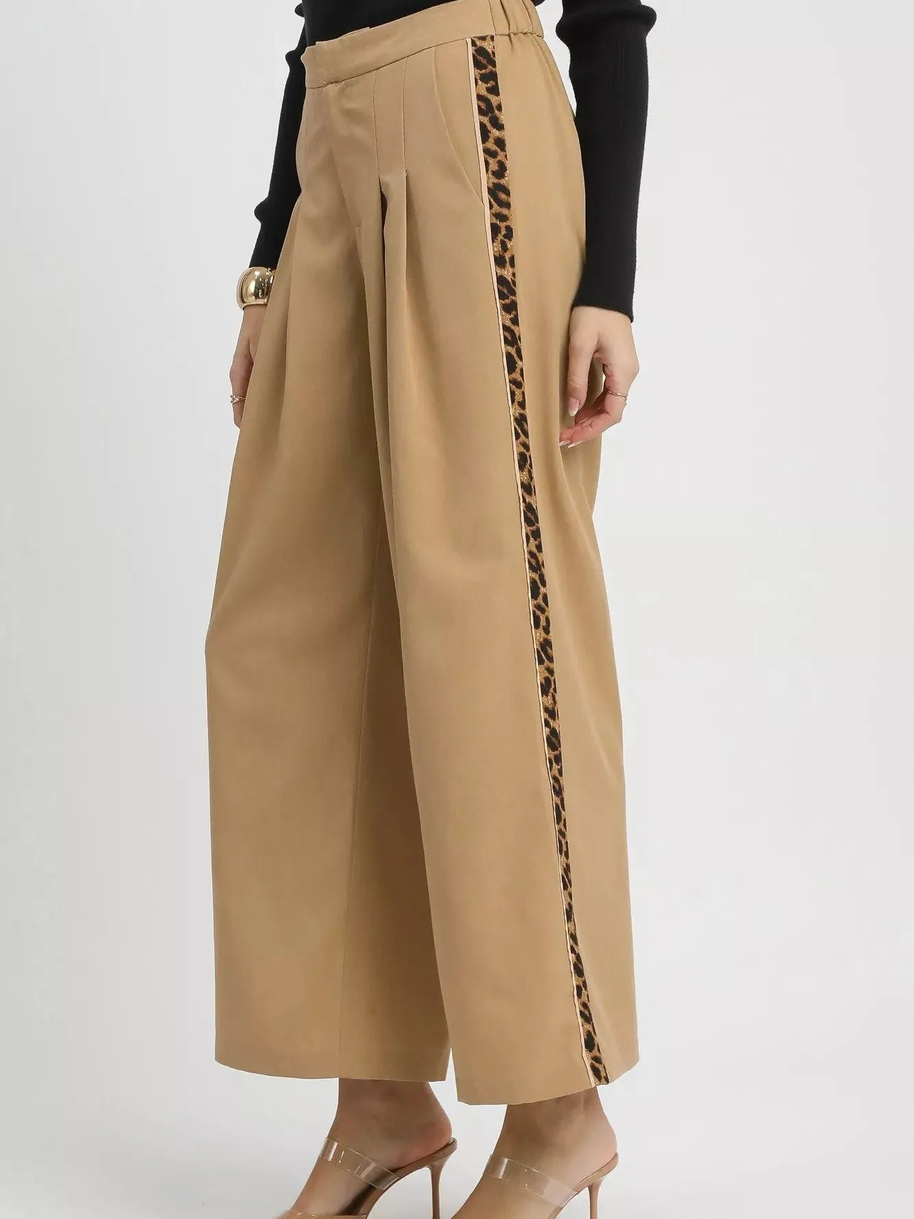 Umgee Pleat Me Pretty Wide-Leg Contrast Trim Pants in Latte-Women's Pants-Shop Z & Joxa