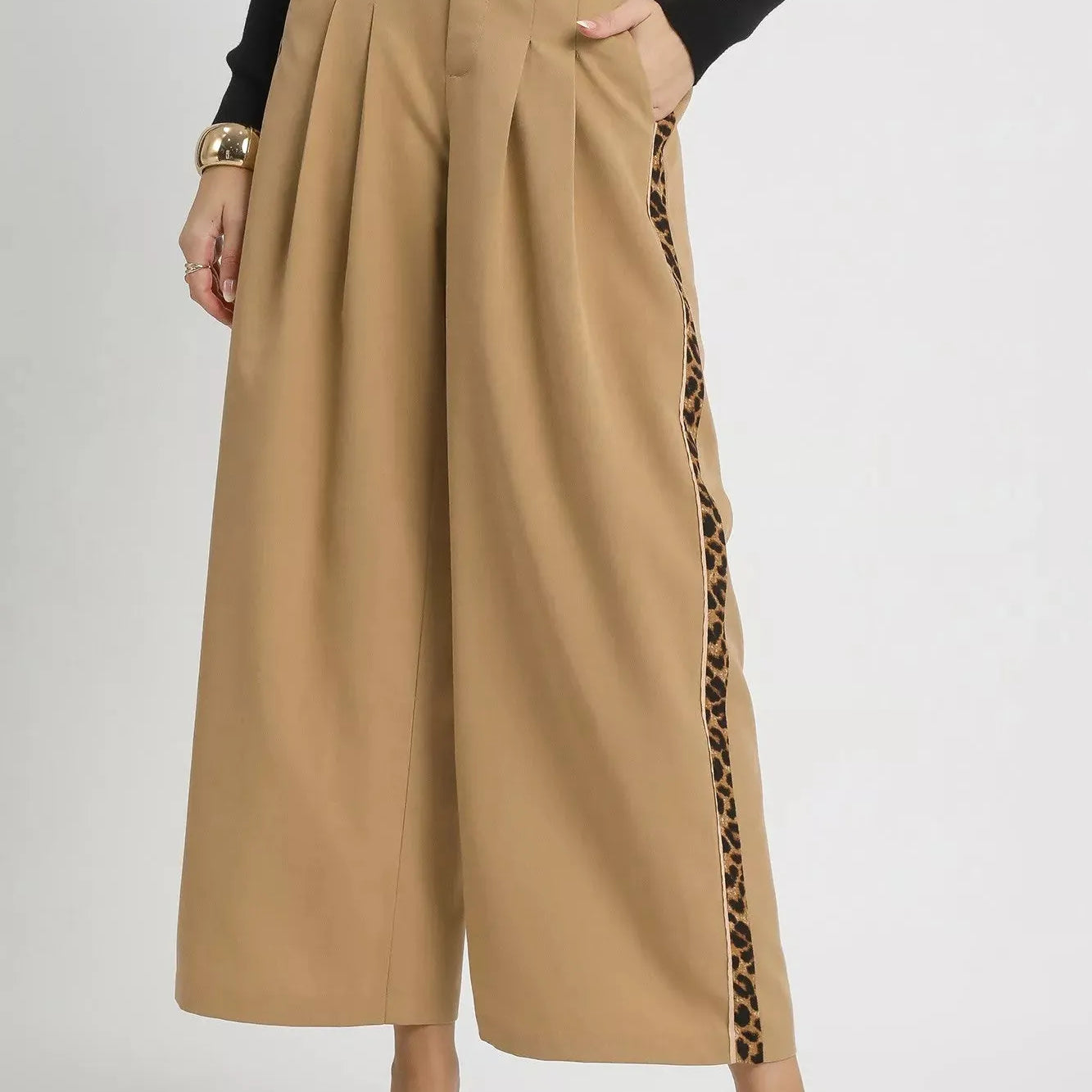 Umgee Pleat Me Pretty Wide-Leg Contrast Trim Pants in Latte-Women's Pants-Shop Z & Joxa