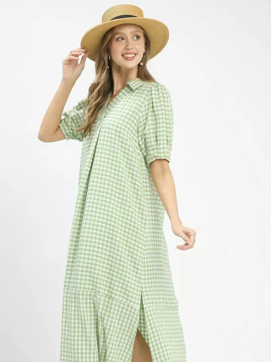 Umgee Prairie Picnic Sage Gingham Midi Dress-Women's Dresses-Shop Z & Joxa