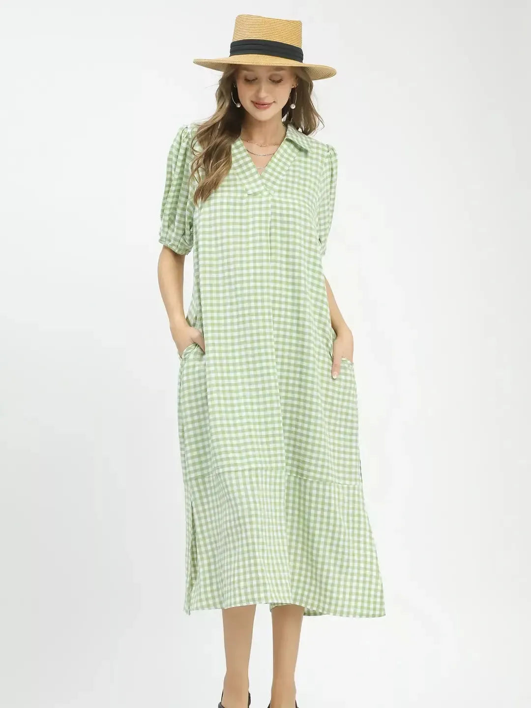 Umgee Prairie Picnic Sage Gingham Midi Dress-Women's Dresses-Shop Z & Joxa