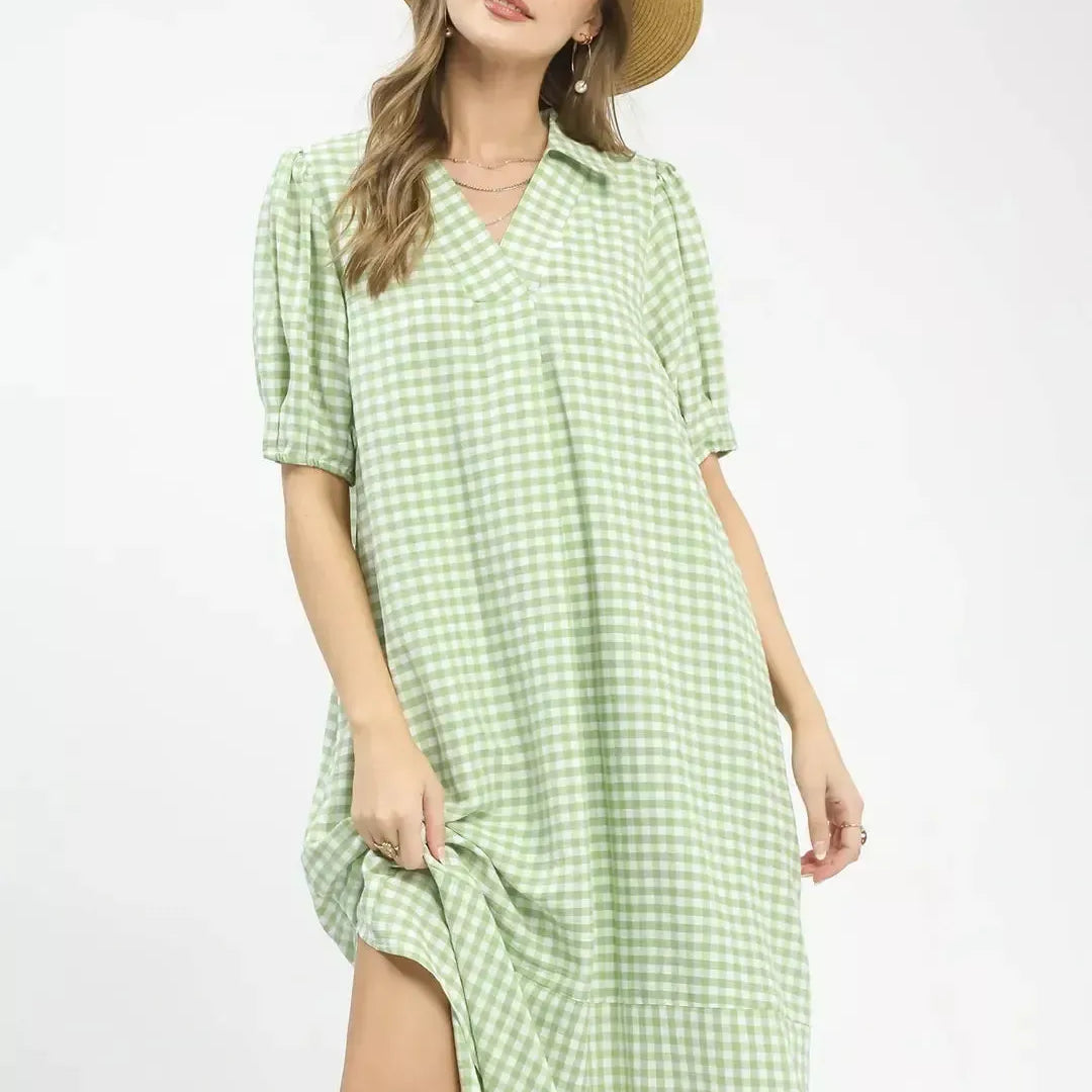 Umgee Prairie Picnic Sage Gingham Midi Dress-Women's Dresses-Shop Z & Joxa
