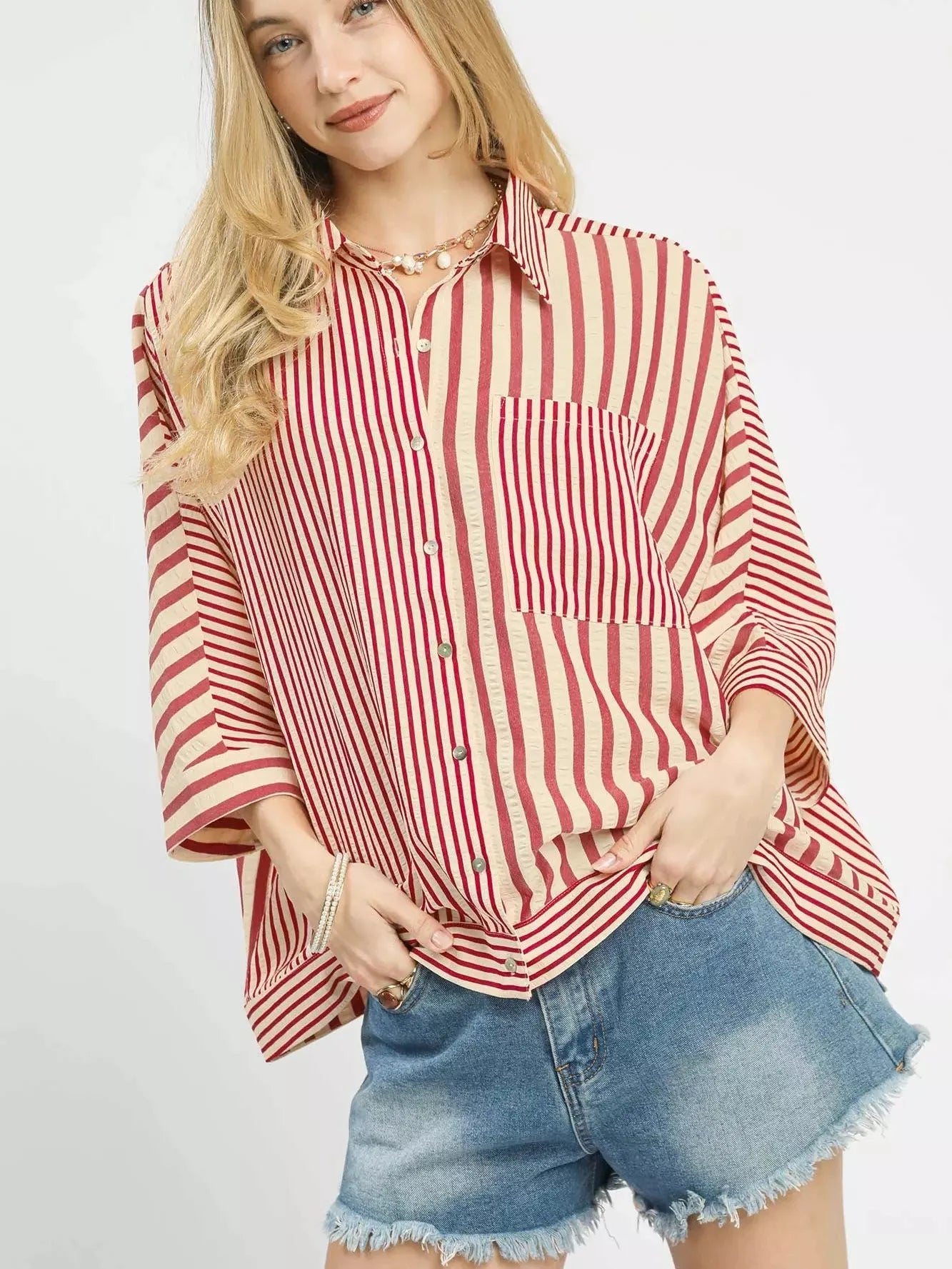Umgee Raspberry Ribbons Oversized Striped Button Down Top-Women's Shirts & Tops-Shop Z & Joxa