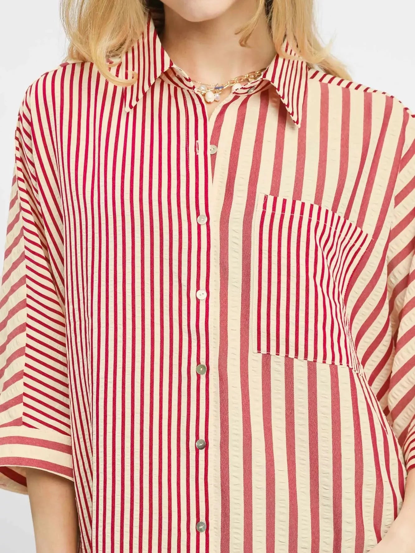 Umgee Raspberry Ribbons Oversized Striped Button Down Top-Women's Shirts & Tops-Shop Z & Joxa
