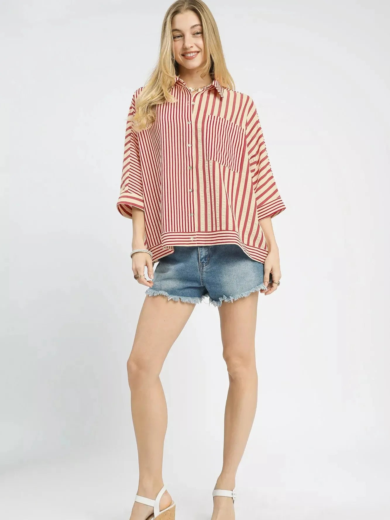 Umgee Raspberry Ribbons Oversized Striped Button Down Top-Women's Shirts & Tops-Shop Z & Joxa