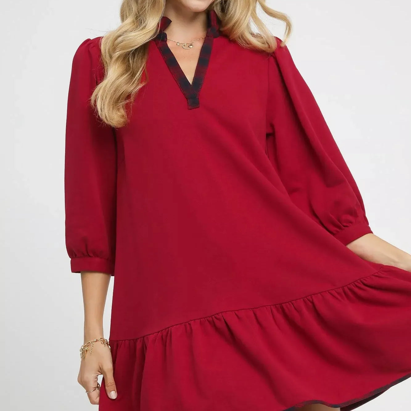 Umgee Red Flare French Terry Ruffle Hem Dress with Plaid Trim-Women's Dresses-Shop Z & Joxa