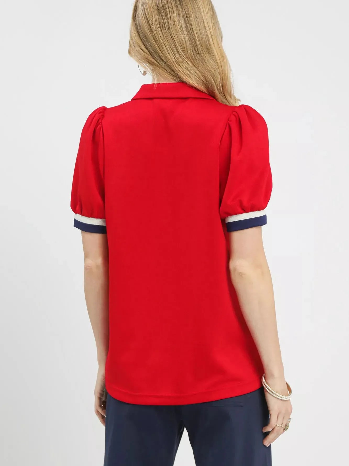 Umgee Redline Puff Sleeve Zip Front Top with Contrast Stripes-Women's Shirts & Tops-Shop Z & Joxa