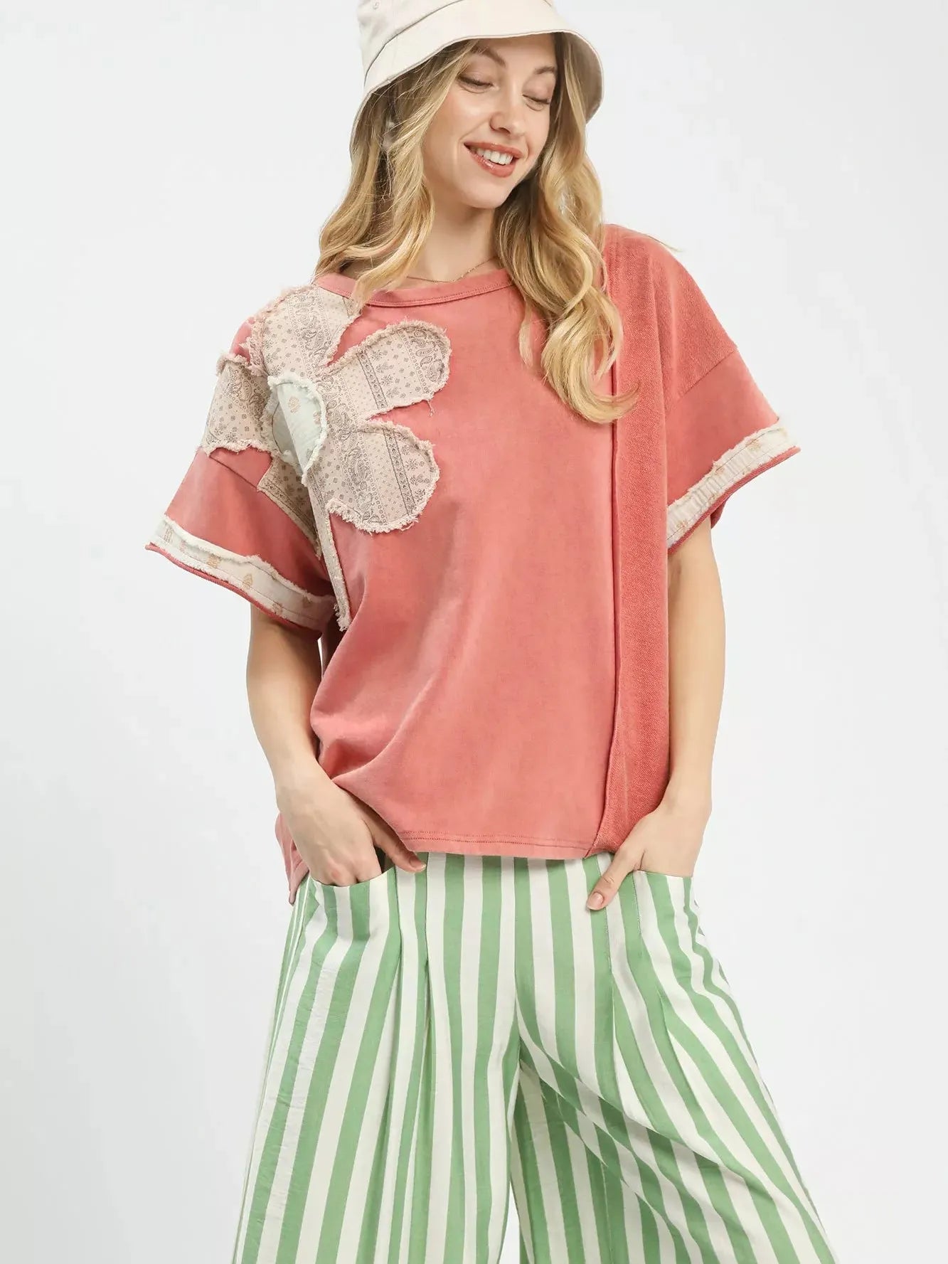 Umgee Rose Patch French Terry Top with Flower Patch-Women's Shirts & Tops-Shop Z & Joxa