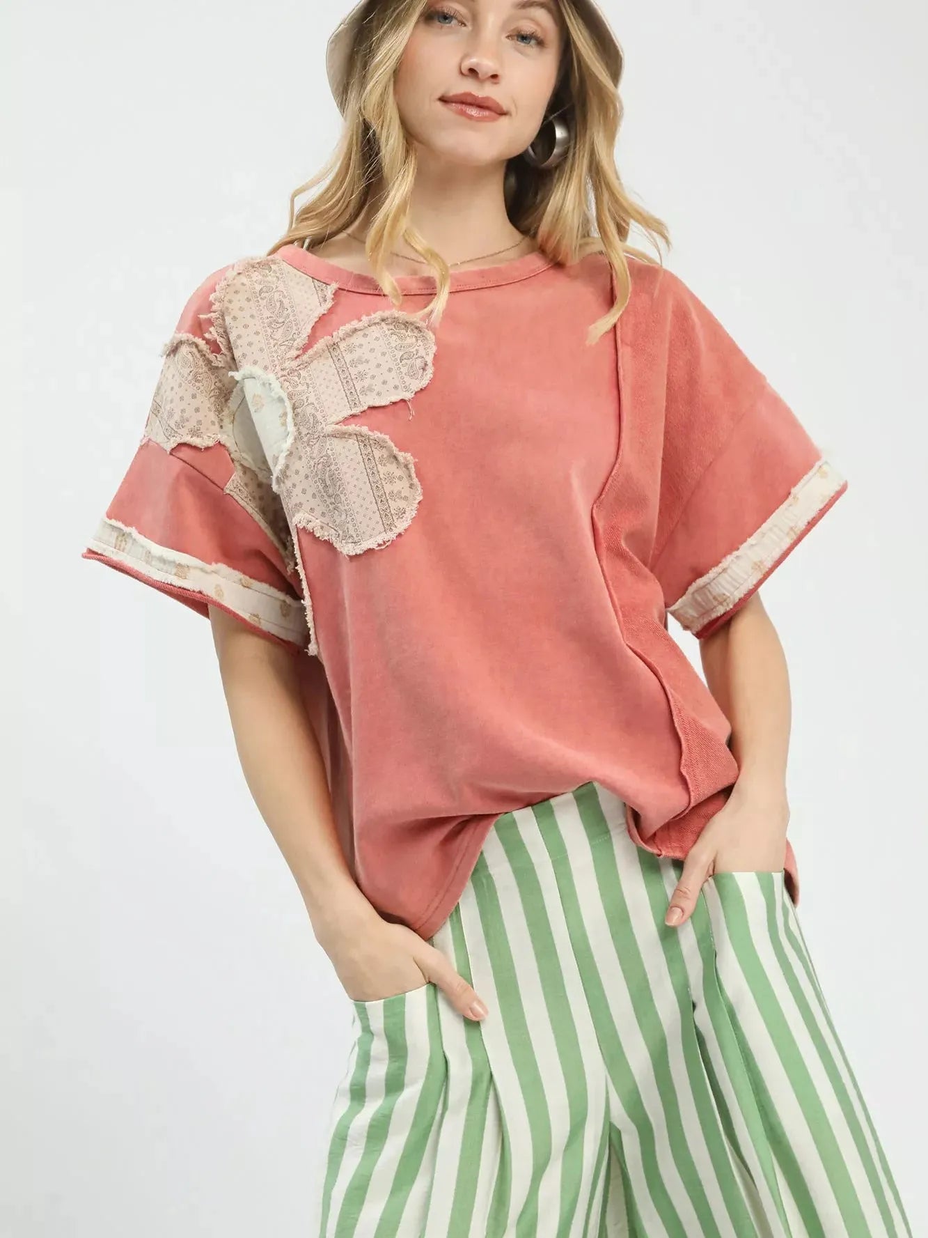 Umgee Rose Patch French Terry Top with Flower Patch-Women's Shirts & Tops-Shop Z & Joxa