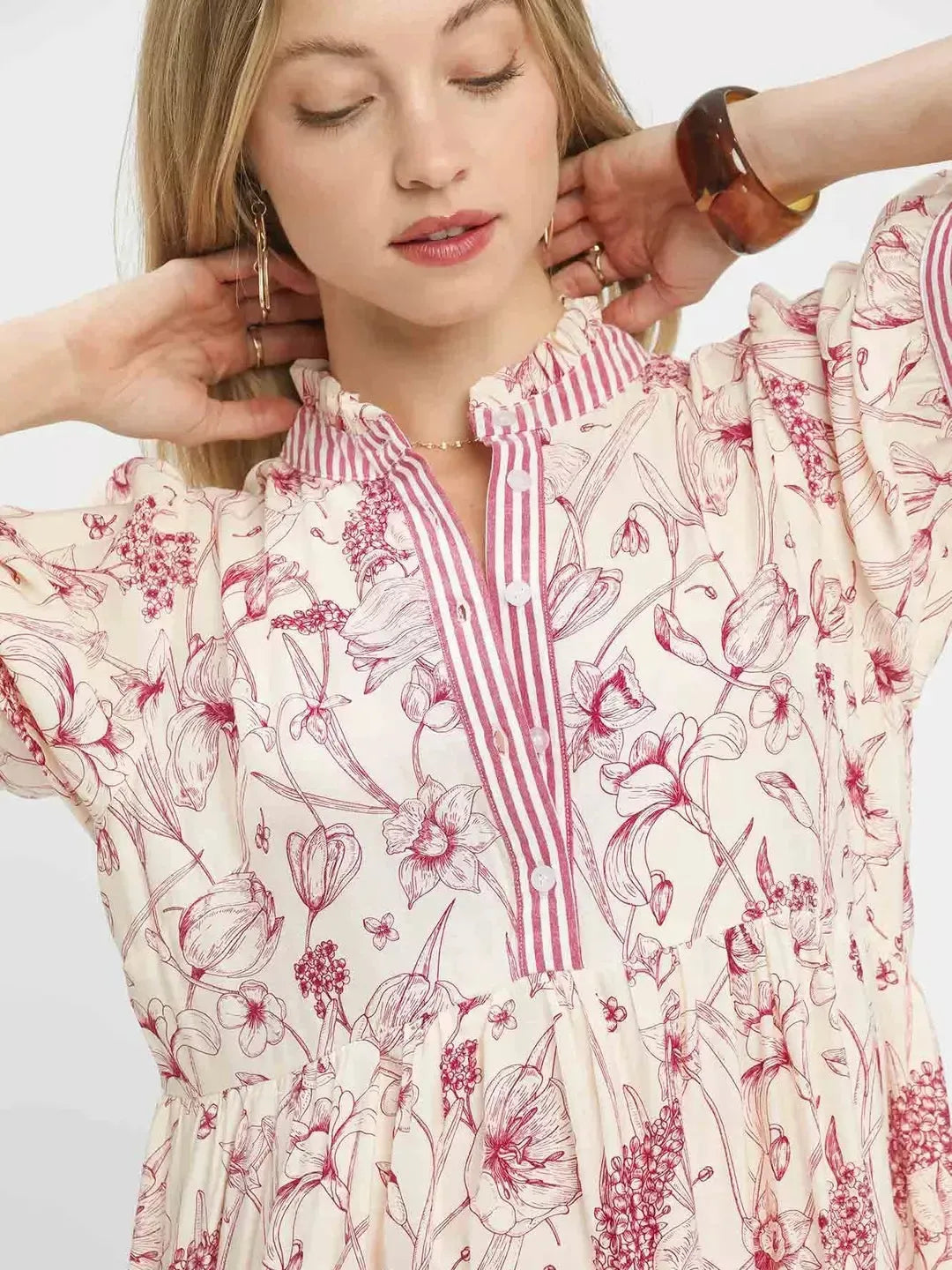 Umgee Rosy Reverie Floral Tiered Midi Dress with Ruffle Trim-Women's Dresses-Shop Z & Joxa