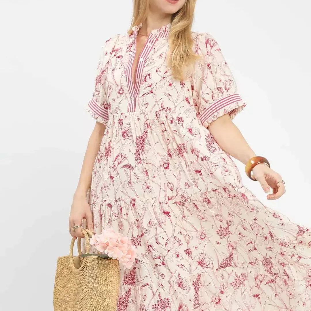 Umgee Rosy Reverie Floral Tiered Midi Dress with Ruffle Trim-Women's Dresses-Shop Z & Joxa