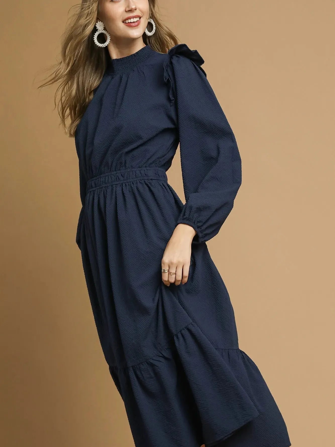 Umgee Ruffle Charm Textured Midi Dress with Ruffles-Women's Dresses-Shop Z & Joxa