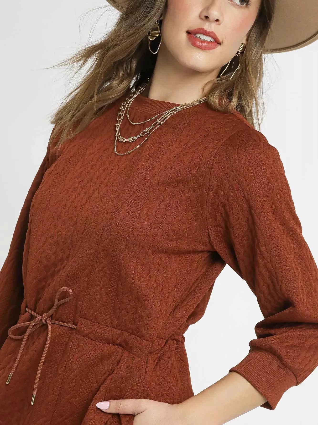 Umgee Rustworthy Cable Knit Mini Dress with Drawstring-Women's Dresses-Shop Z & Joxa