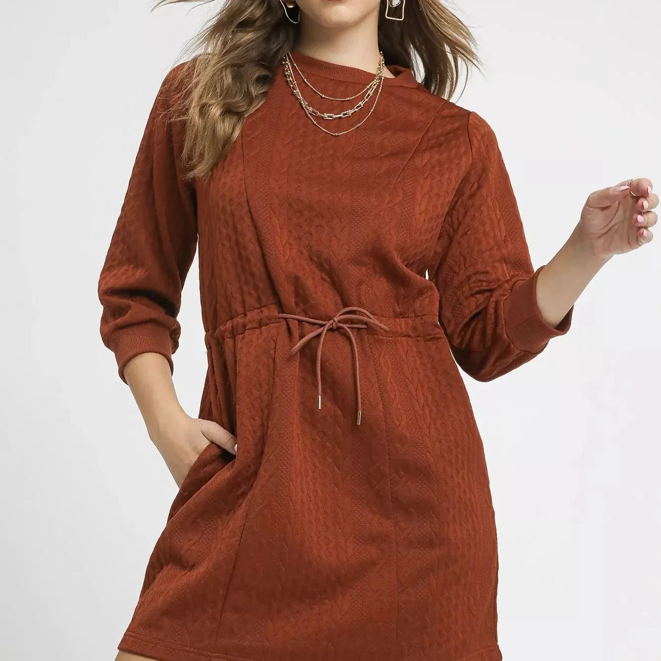Umgee Rustworthy Cable Knit Mini Dress with Drawstring-Women's Dresses-Shop Z & Joxa