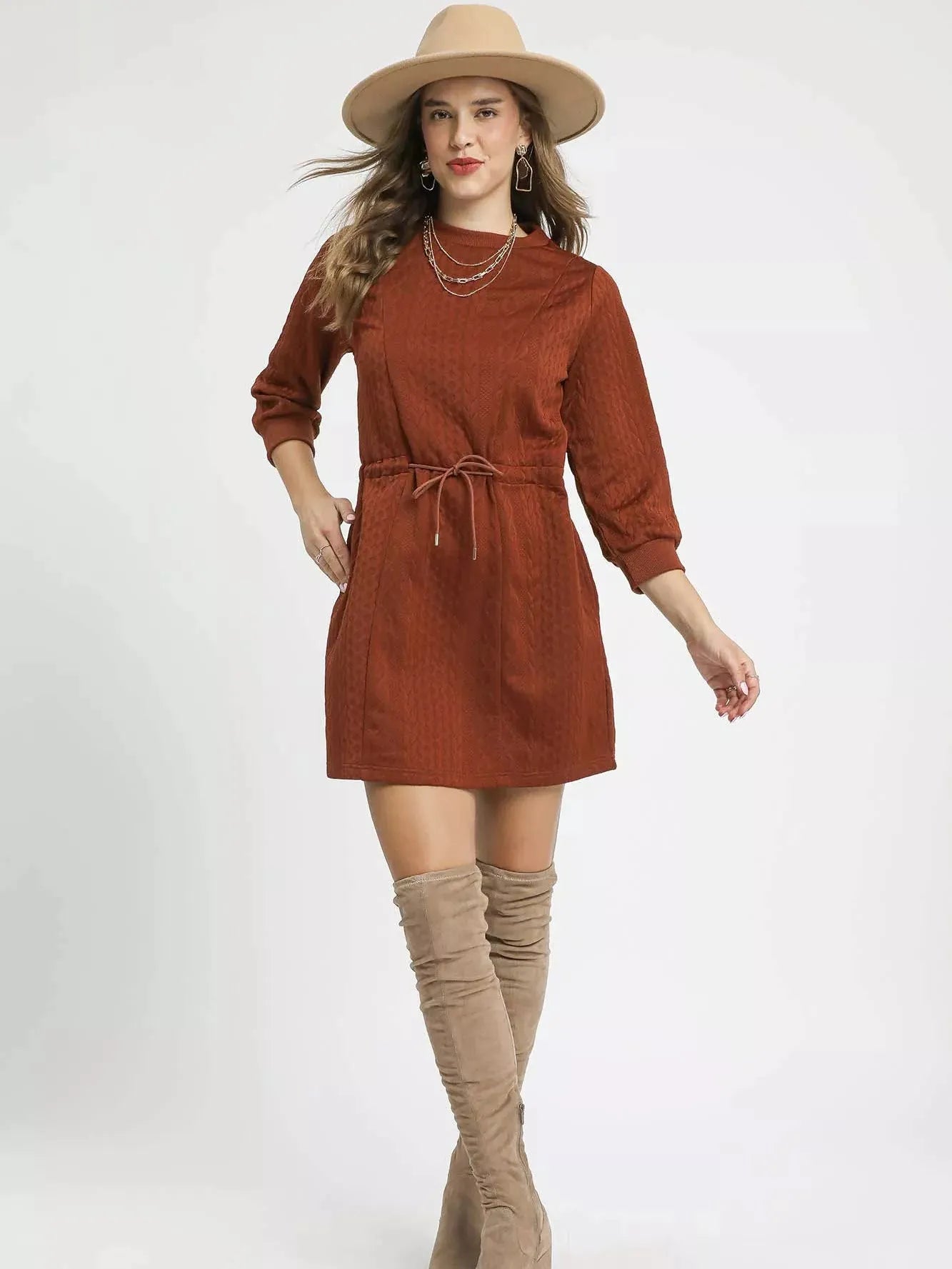 Umgee Rustworthy Cable Knit Mini Dress with Drawstring-Women's Dresses-Shop Z & Joxa