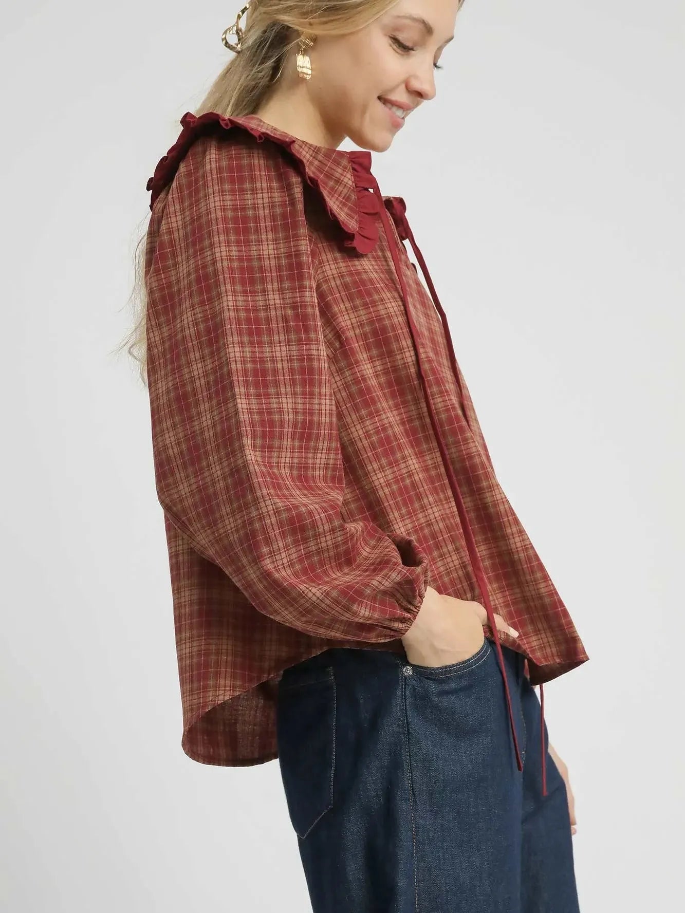 Umgee Rusty Ruffle Long Sleeve Blouse with Ruffle Collar-Women's Shirts & Tops-Shop Z & Joxa