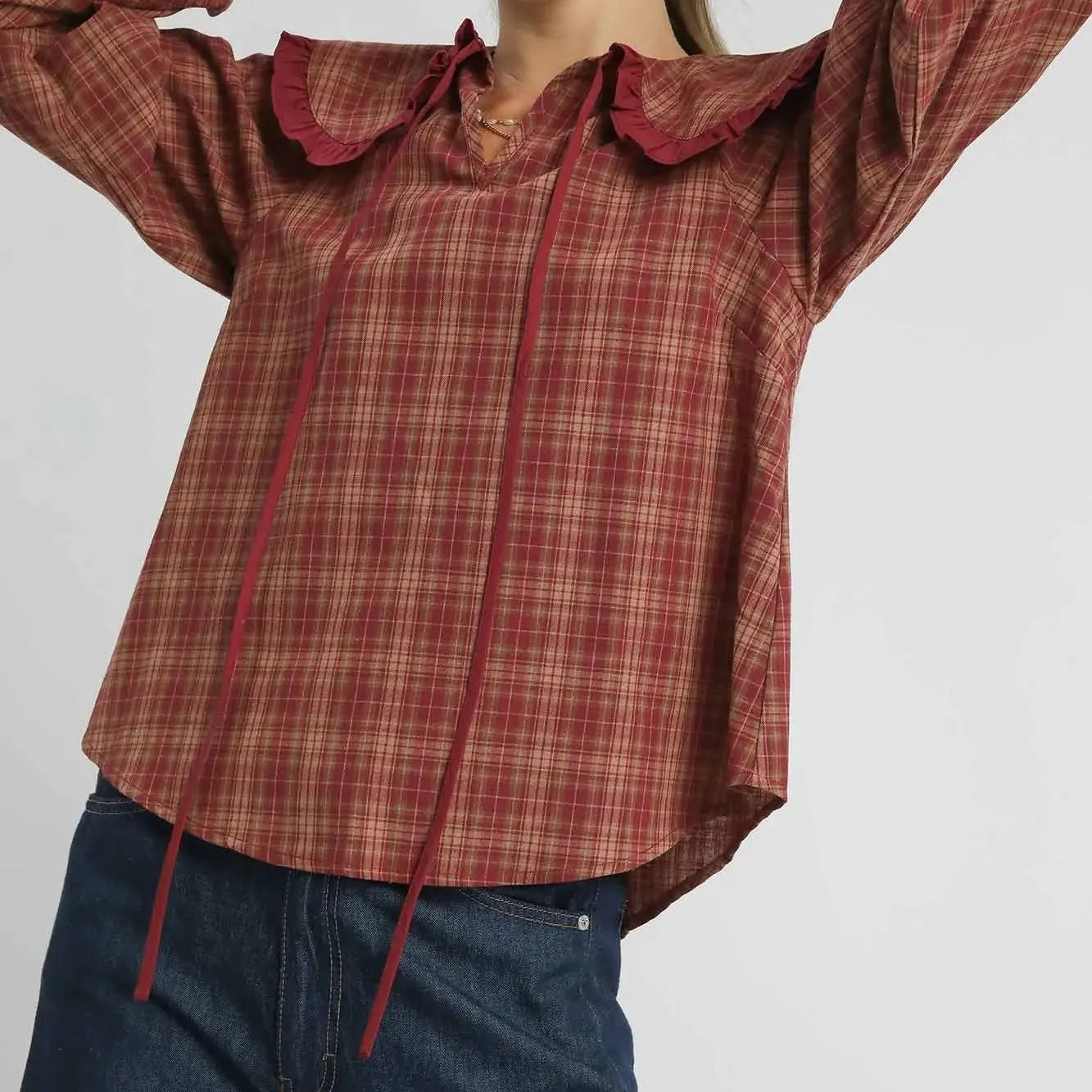 Umgee Rusty Ruffle Long Sleeve Blouse with Ruffle Collar-Women's Shirts & Tops-Shop Z & Joxa