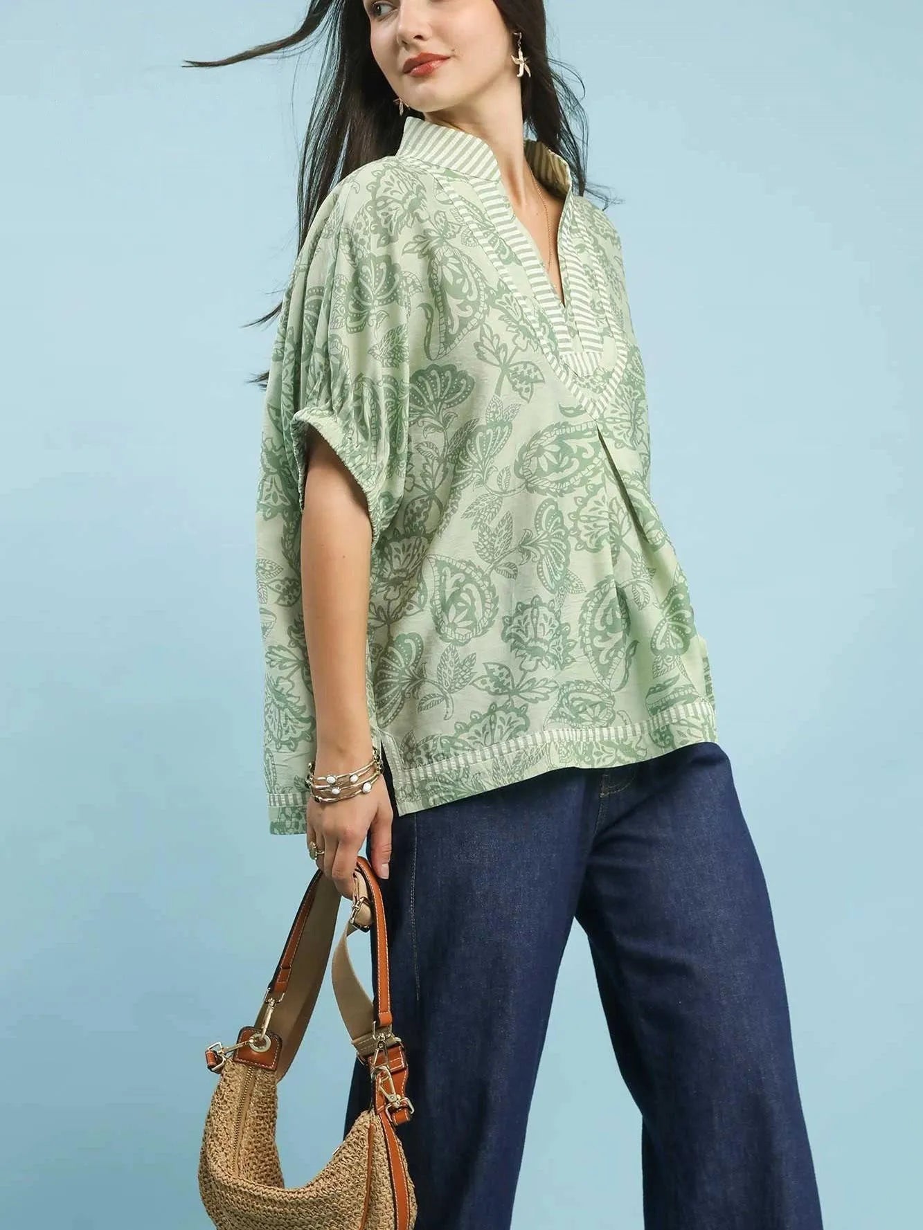 Umgee Sage Botanica Floral Top with Sage Trim-Shirts & Tops-Shop Z & Joxa