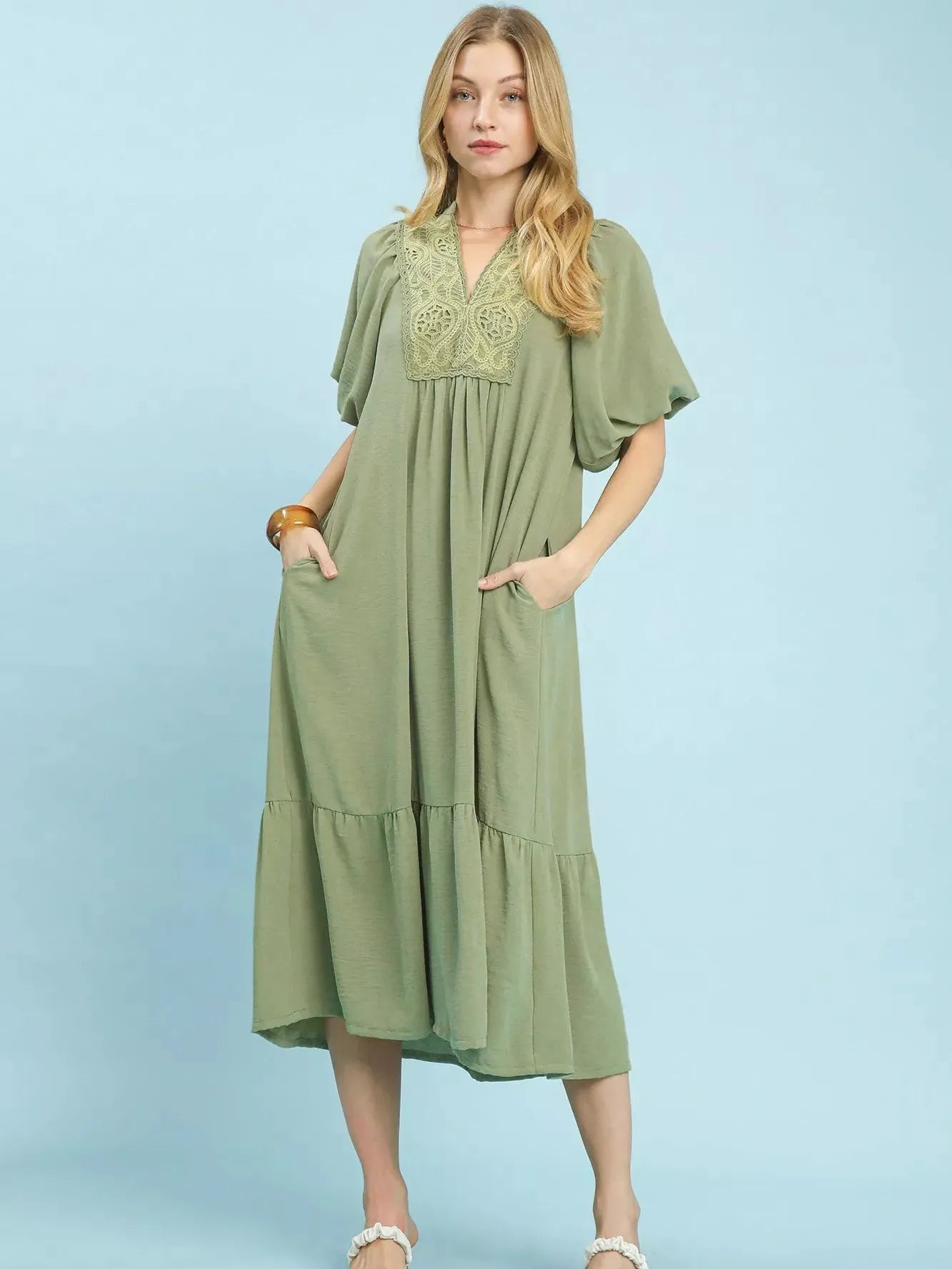 Umgee Sage & Lace Puff Sleeve Midi Dress with Lace Detail-Women's Dresses-Shop Z & Joxa