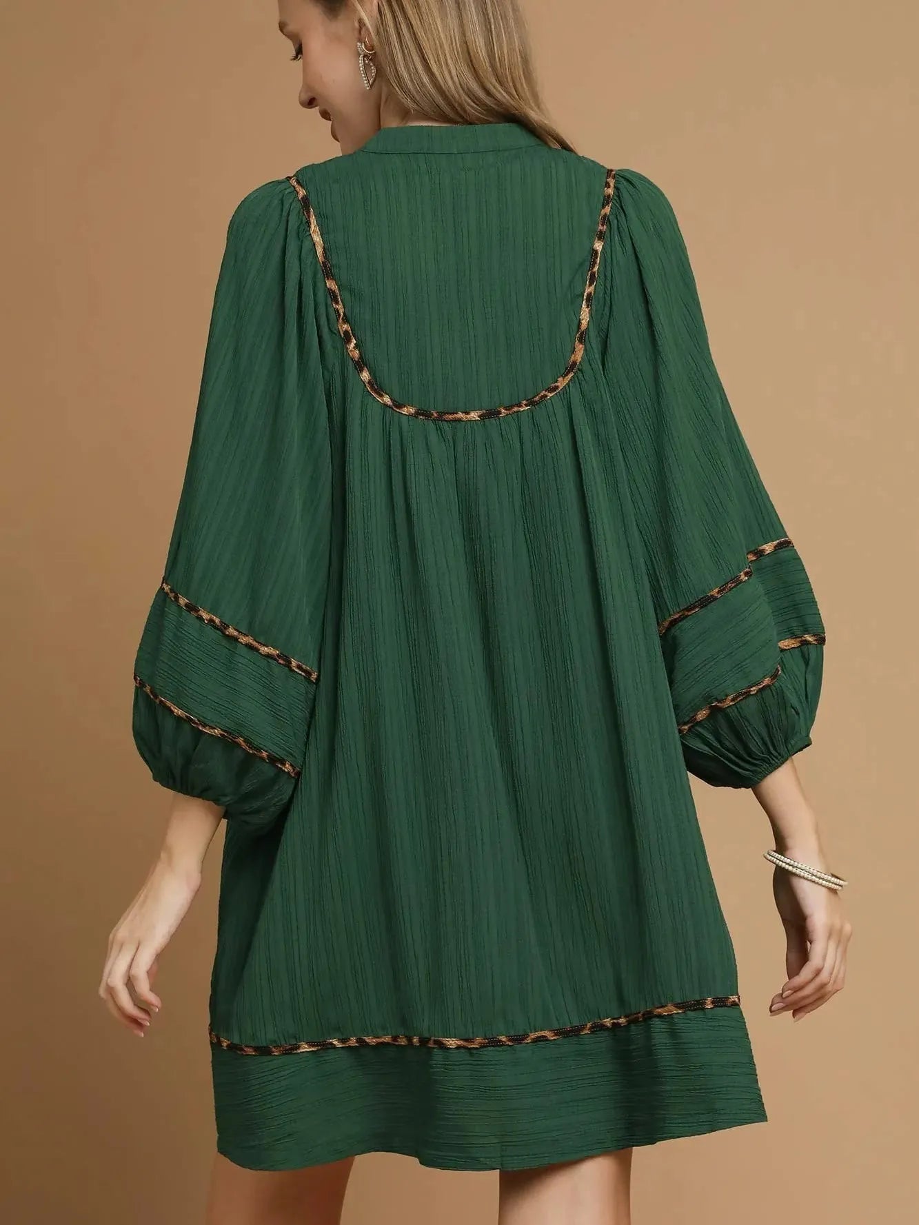 Umgee Savannah Swing Babydoll Dress with Leopard Trim Green-Women's Dresses-Shop Z & Joxa