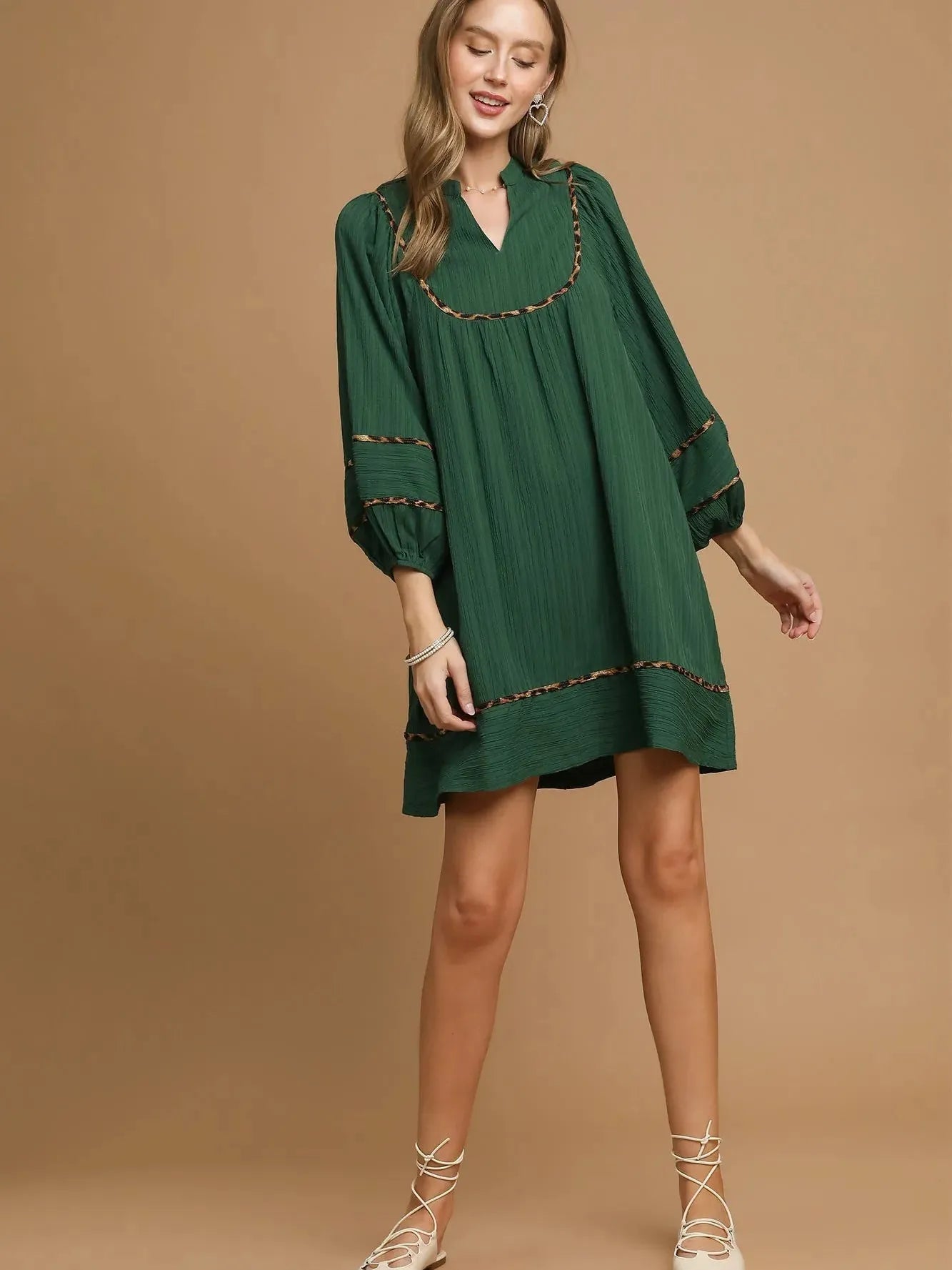 Umgee Savannah Swing Babydoll Dress with Leopard Trim Green-Women's Dresses-Shop Z & Joxa