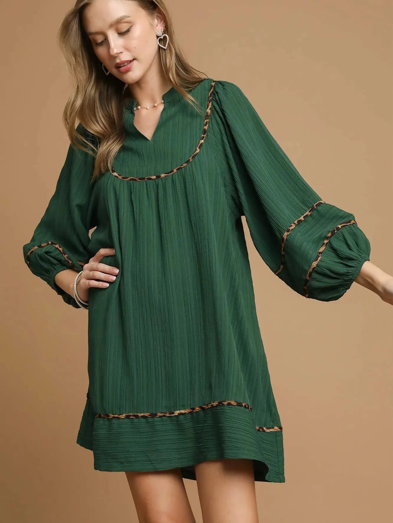 Umgee Savannah Swing Babydoll Dress with Leopard Trim Green-Women's Dresses-Shop Z & Joxa